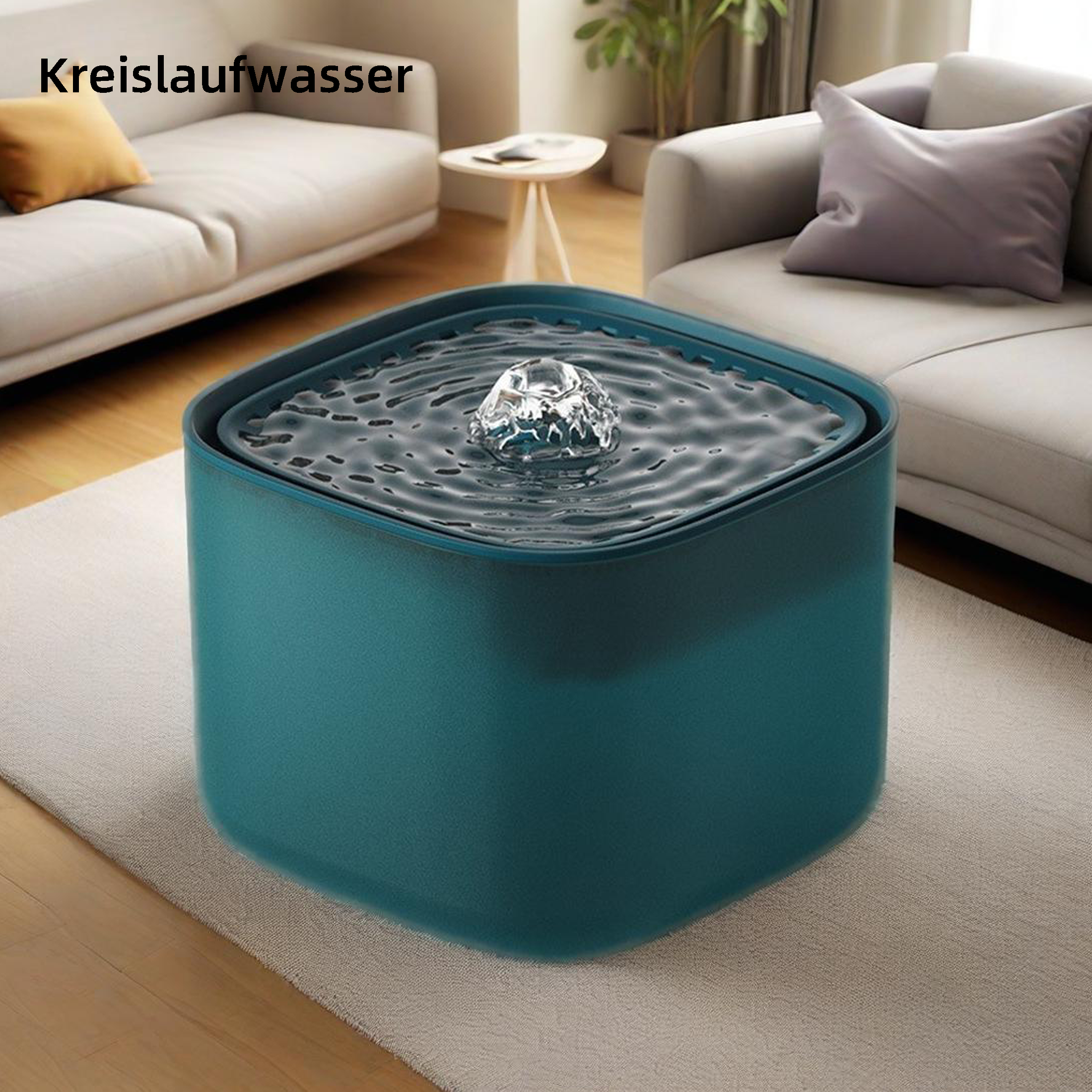 Ein türkisfarbener Haustierbrunnen mit einer Wasserblase oben, auf einem weißen Teppich in einem Wohnzimmer.
