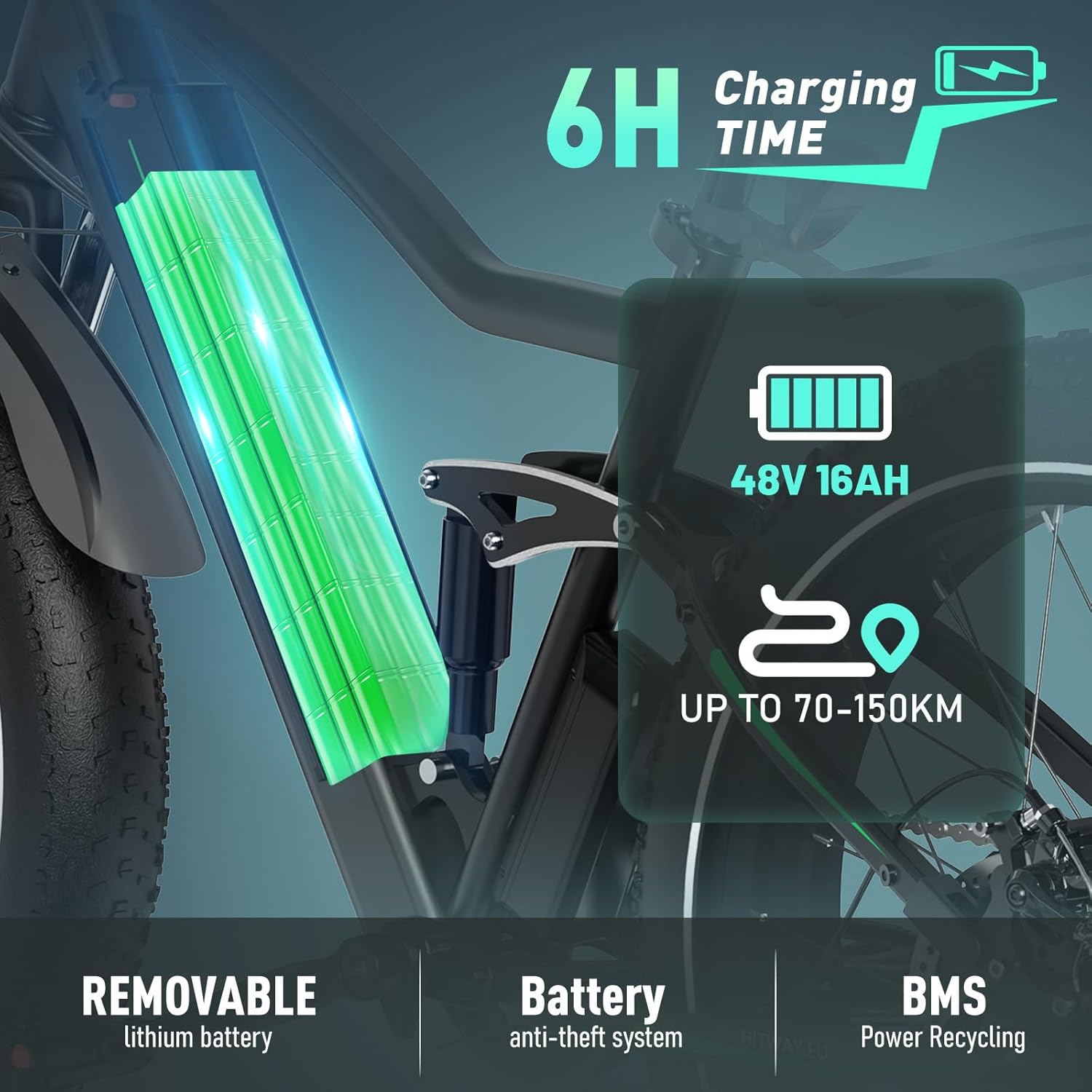 Koło roweru elektrycznego pokazano ze szczegółami silnika, prędkością i ikonami stopnia wodoodporności.