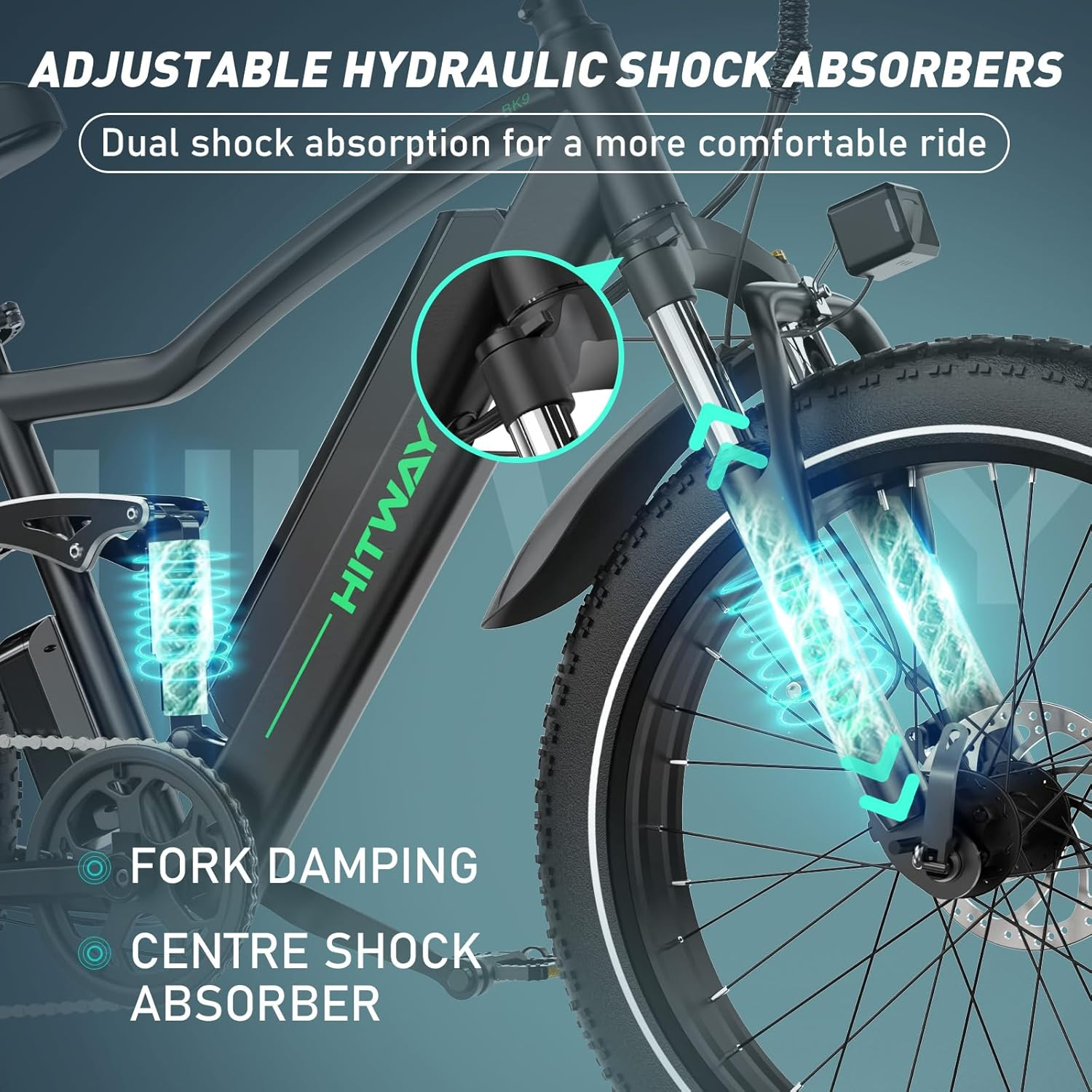 Opona roweru elektrycznego z ilustracjami pokazującymi jej przydatność do różnych rodzajów dróg.