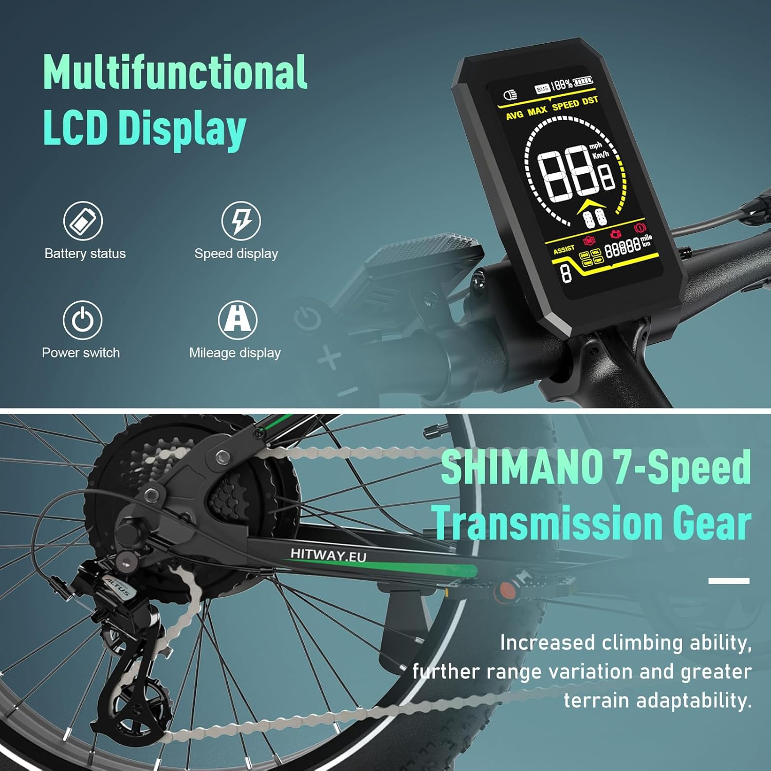 Pokazano 7-biegową przekładnię Shimano roweru, podkreślając zwiększoną zdolność wspinania się.