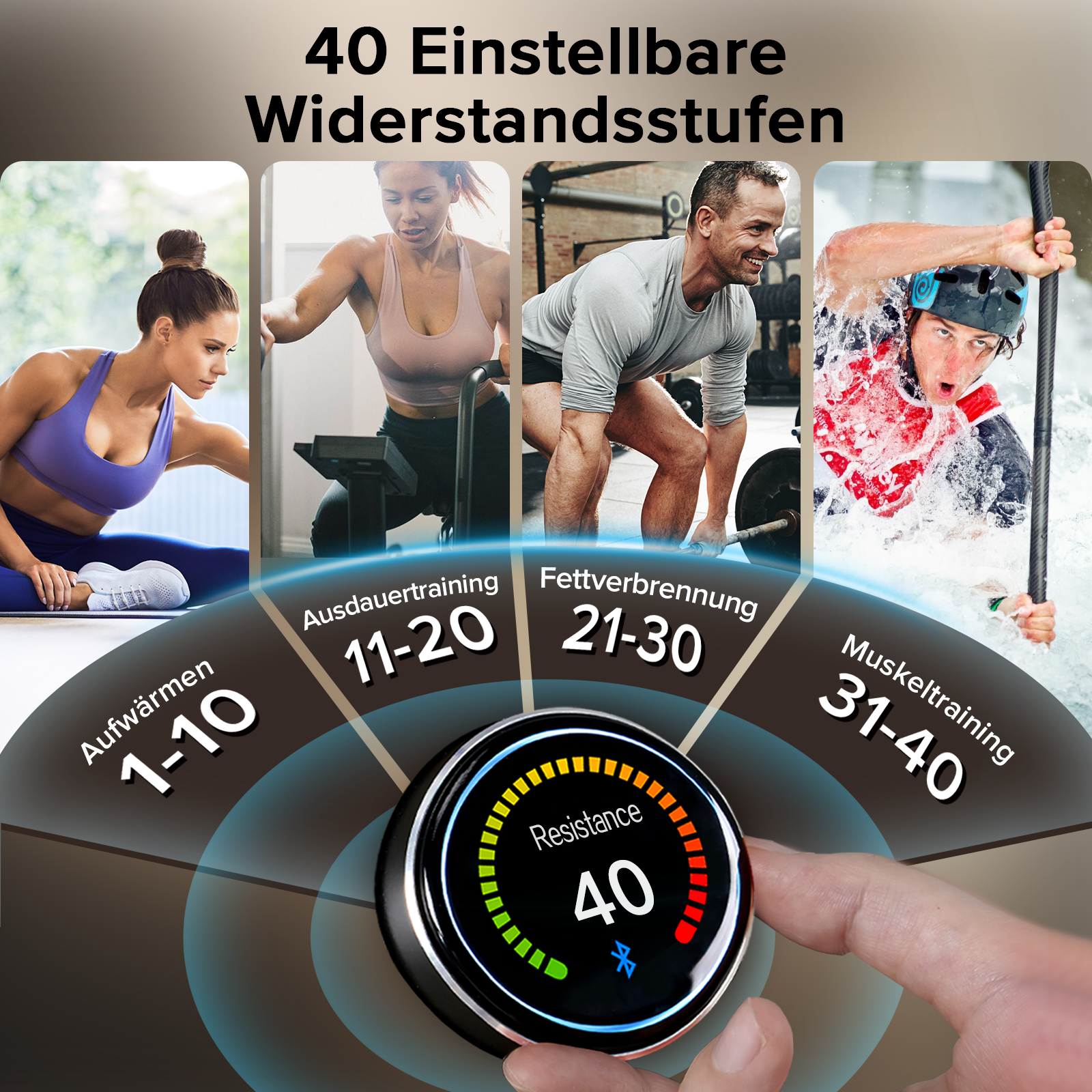 Bild, das Fitnesstraining mit einem Zifferblatt, trainierenden Personen und Text zeigt.