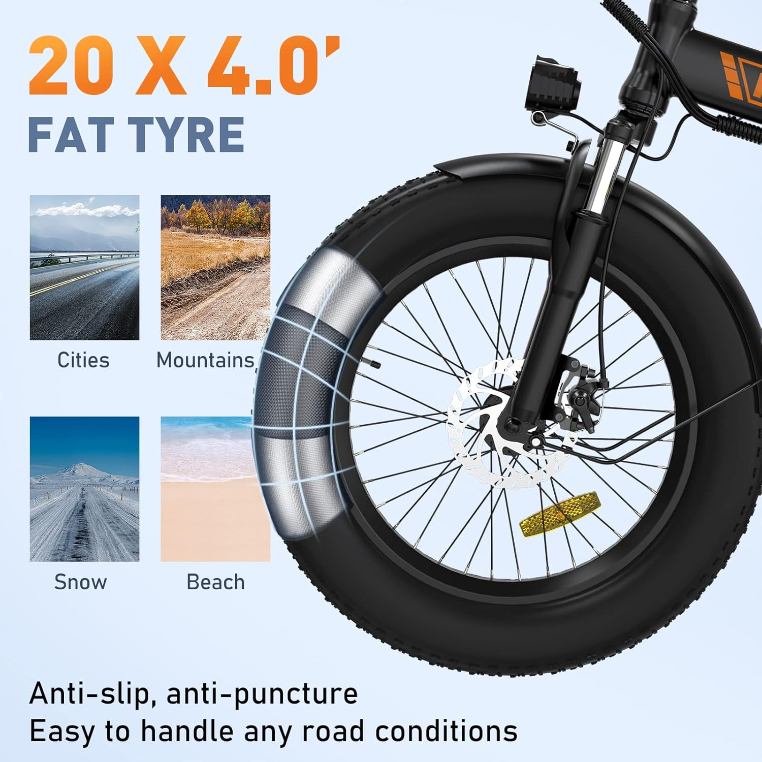 Nahaufnahme des Reifens des Elektrofahrrads. Zeigt: 20 X 4.0' FAT TYRE. Bilder von Städten, Bergen, Schnee und Strand.