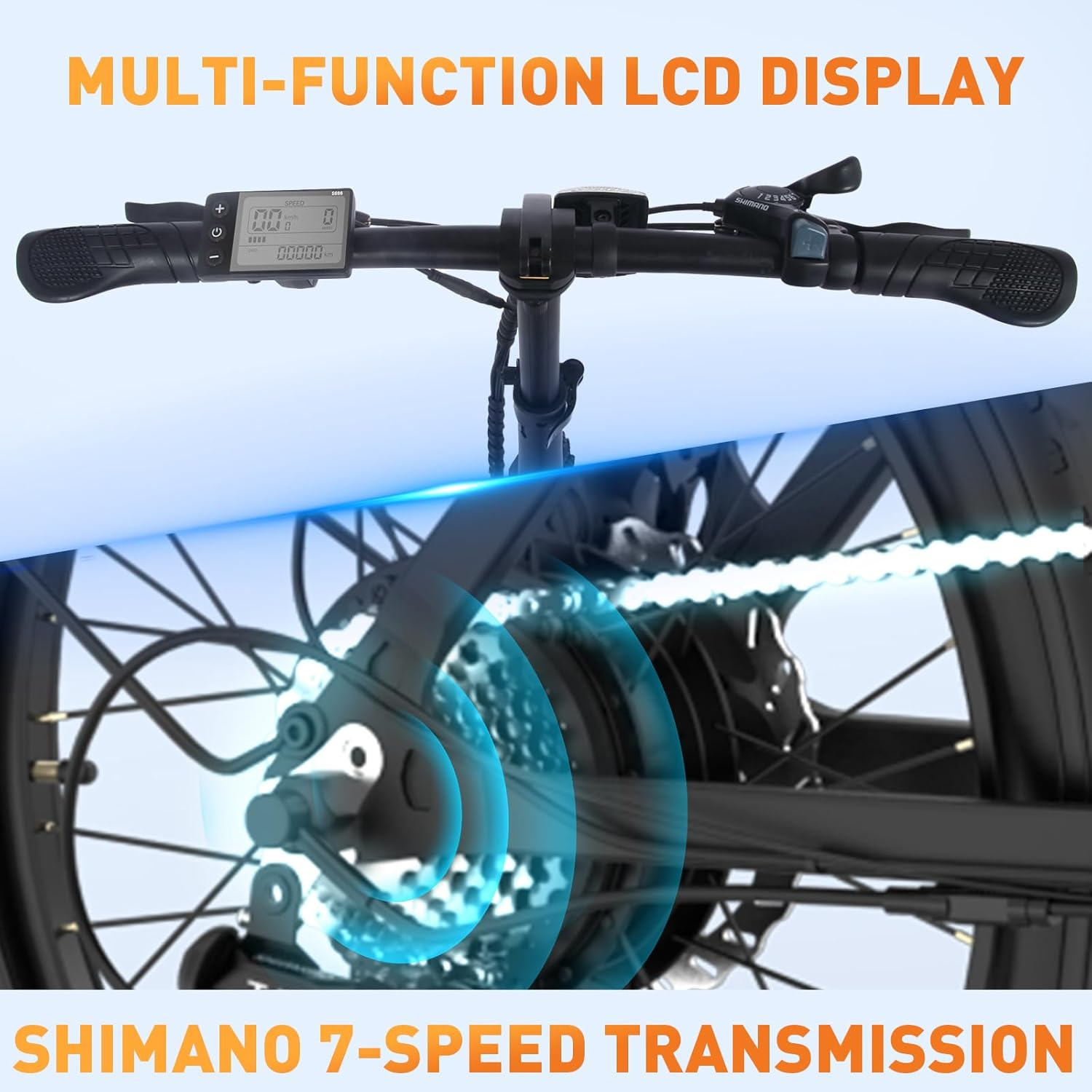 Nahaufnahme des Lenkers des Elektrofahrrads. Zeigt: Multifunktions-LCD-Display und Shimano 7-Gang-Getriebe.