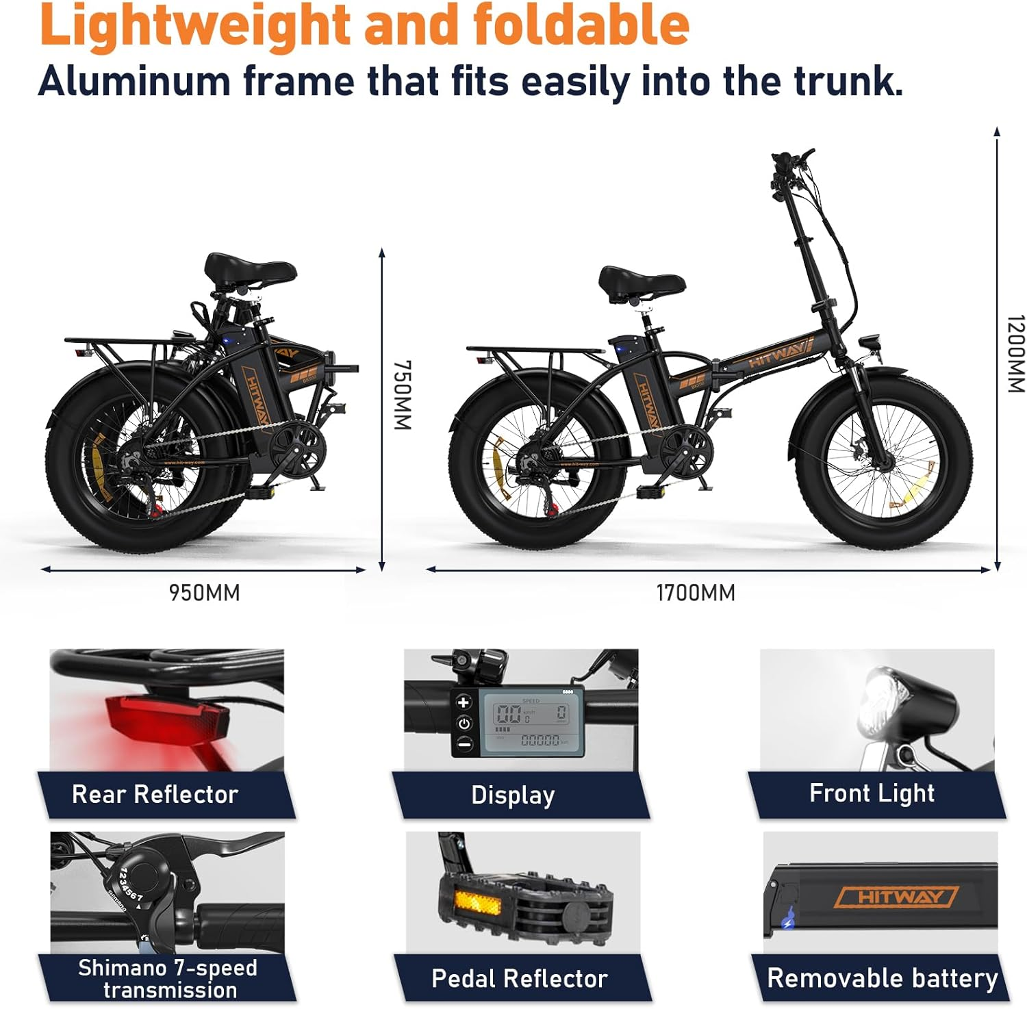 Elektrofahrrad, komplett montiert und gefaltet, zeigt Abmessungen: 950MM, 750MM und 1700MM. Zeigt verschiedene Funktionen.