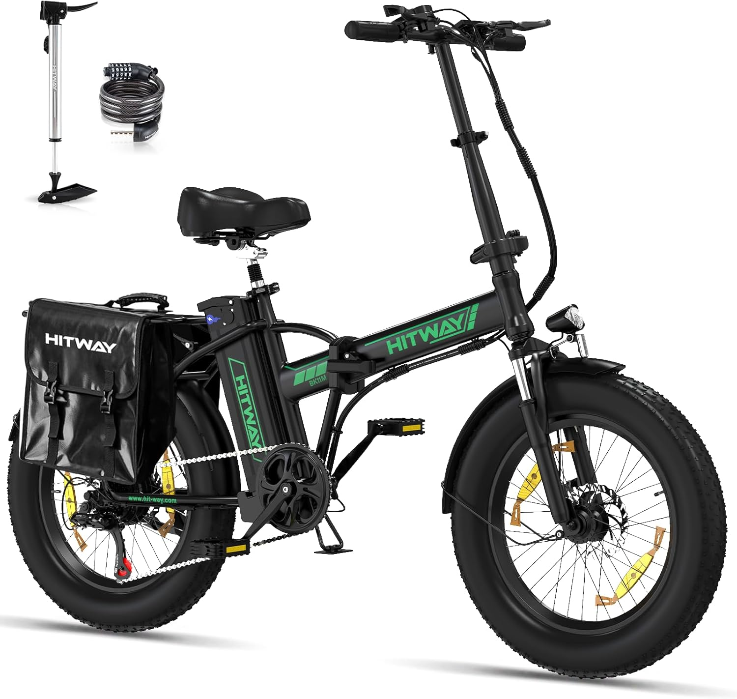 Schwarzes Elektrofahrrad mit Zubehör. Eine Pumpe und ein Kabelschloss liegen daneben. Das Fahrrad hat große Reifen.