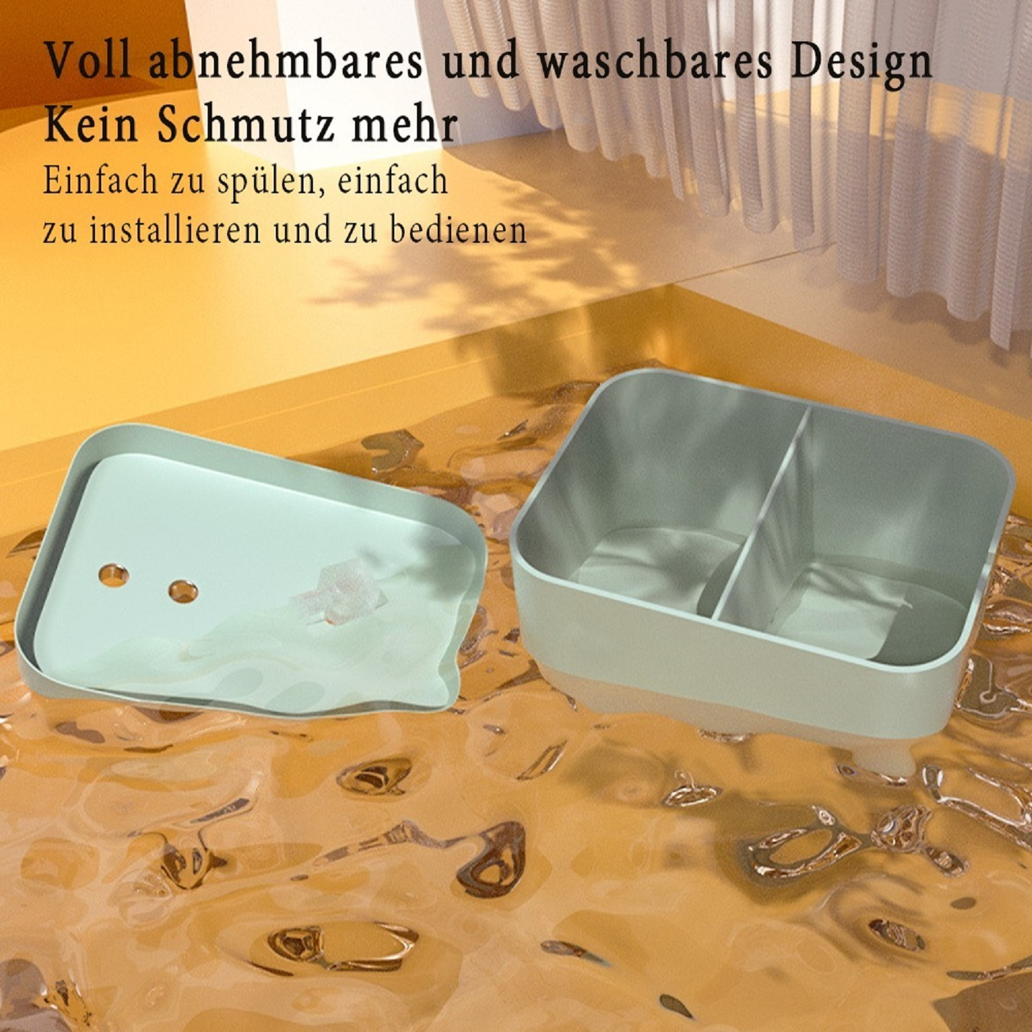 Ein offener Wasserbrunnen mit abnehmbaren Teilen. Er befindet sich in einem gelb-goldenen Wasserspritzer.