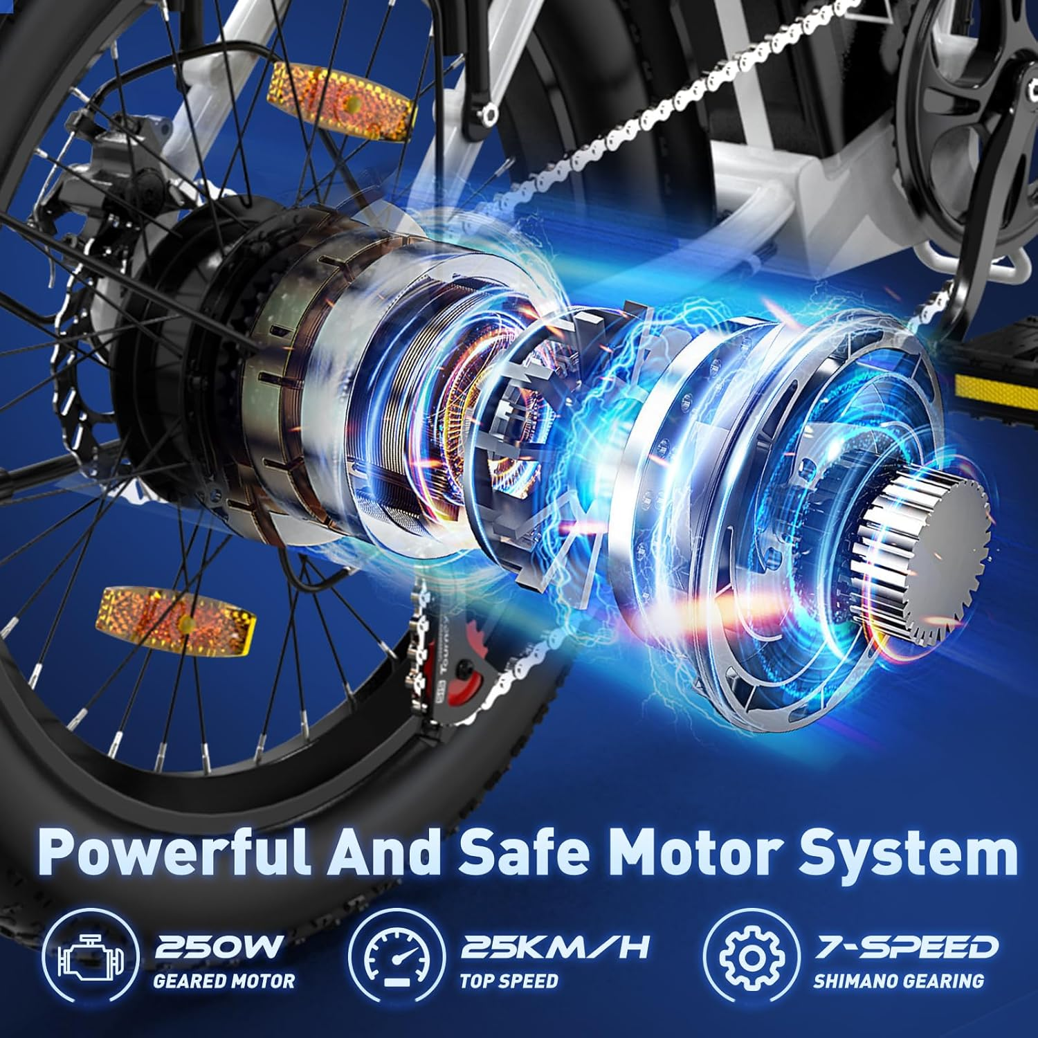 Close-up of an e-bike motor with visible gears, chain, and a blue glow effect on a dark blue background.