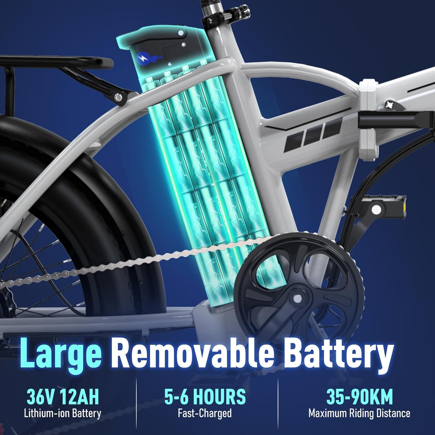 An e-bike with a removable battery, showing its specs: 36V 12AH, 5-6 hours charge, 35-90km range.