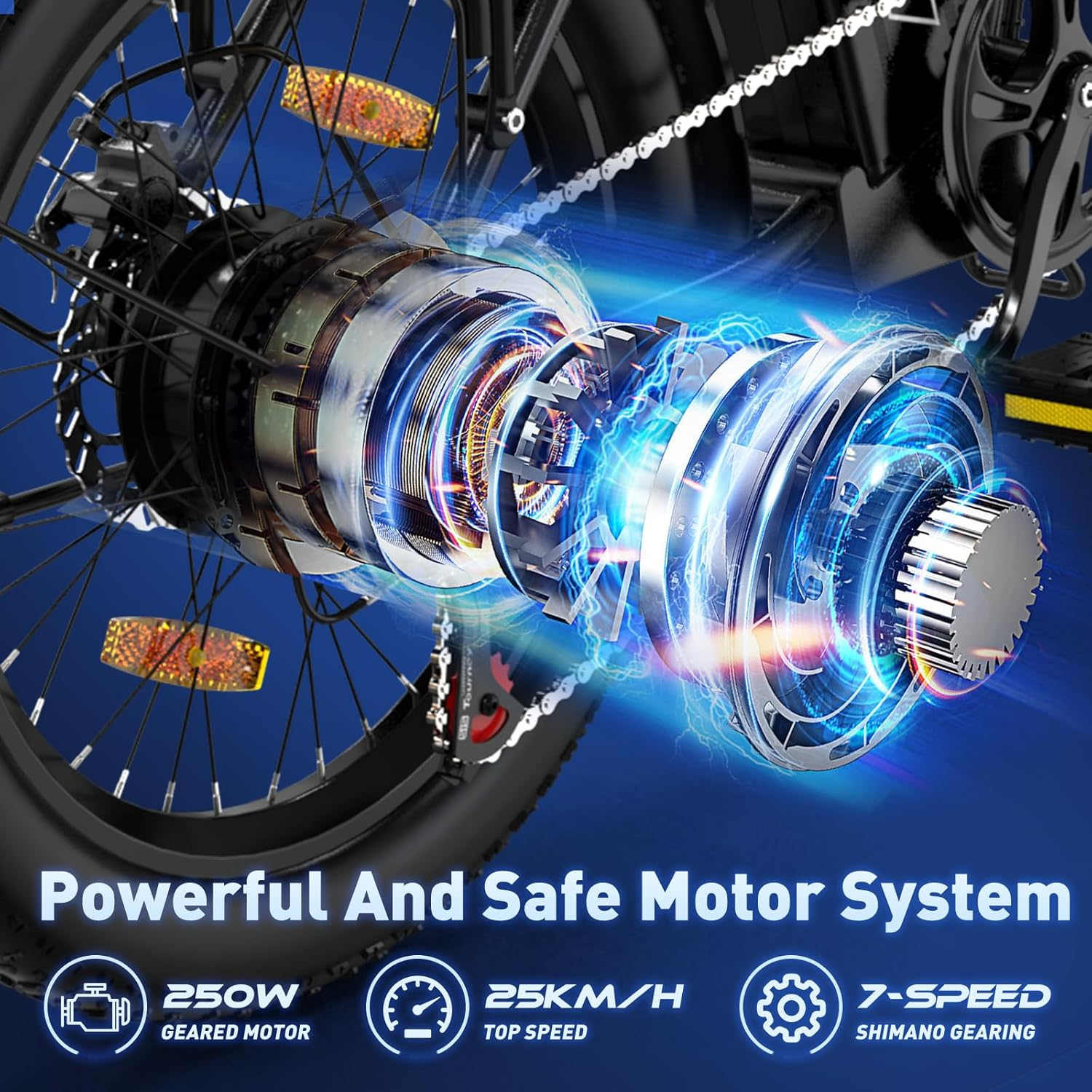 Close-up van een e-bike motor met zichtbare tandwielen, ketting en een blauw gloei-effect op een donkerblauwe achtergrond.