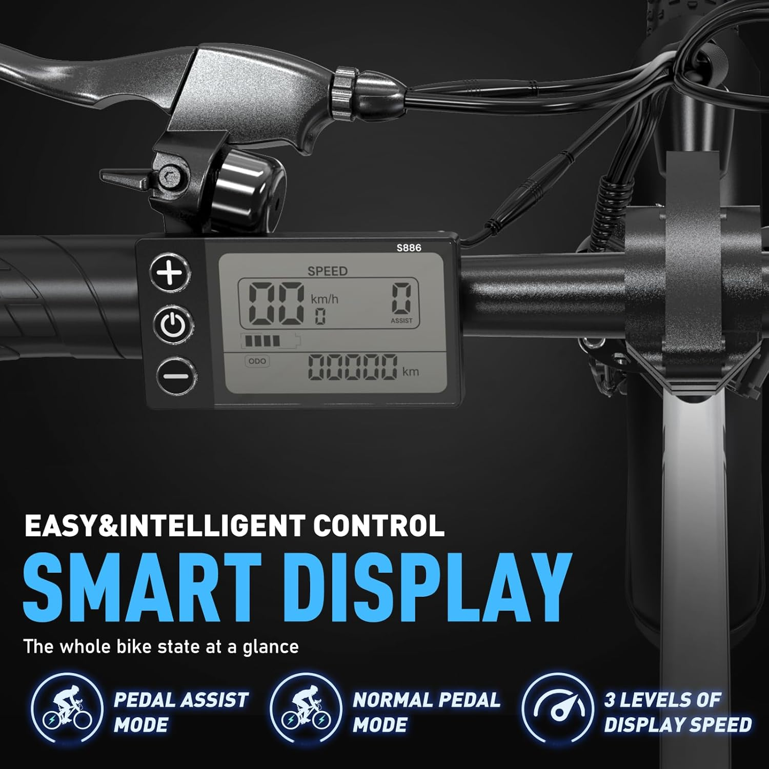An e-bike's handlebar display showing speed, assist level, and odometer readings for easy control.