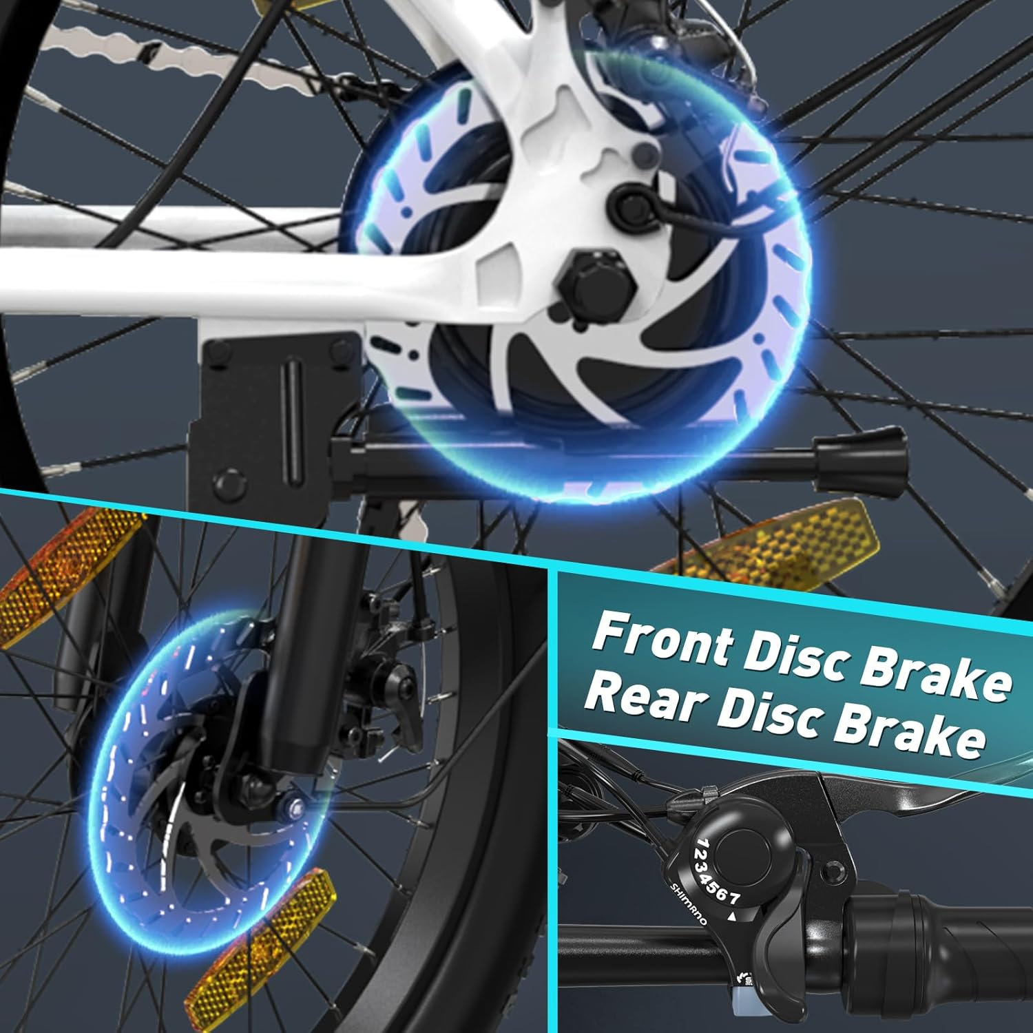 E-bike disc brakes close-up: front and rear, highlighting safety and control with Shimano components.