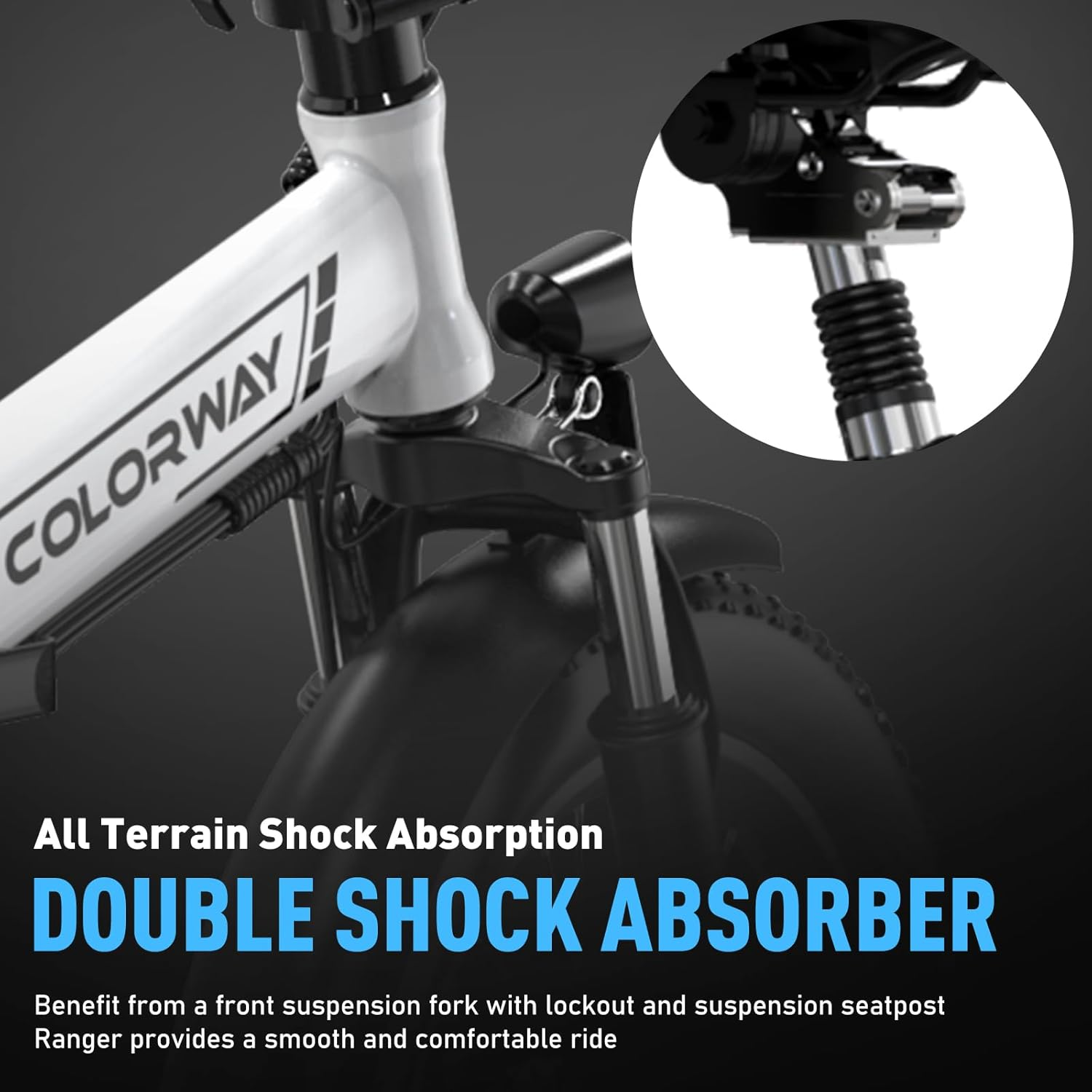 E-bike double shock absorber, all terrain, with front suspension and suspension seatpost for smooth ride.