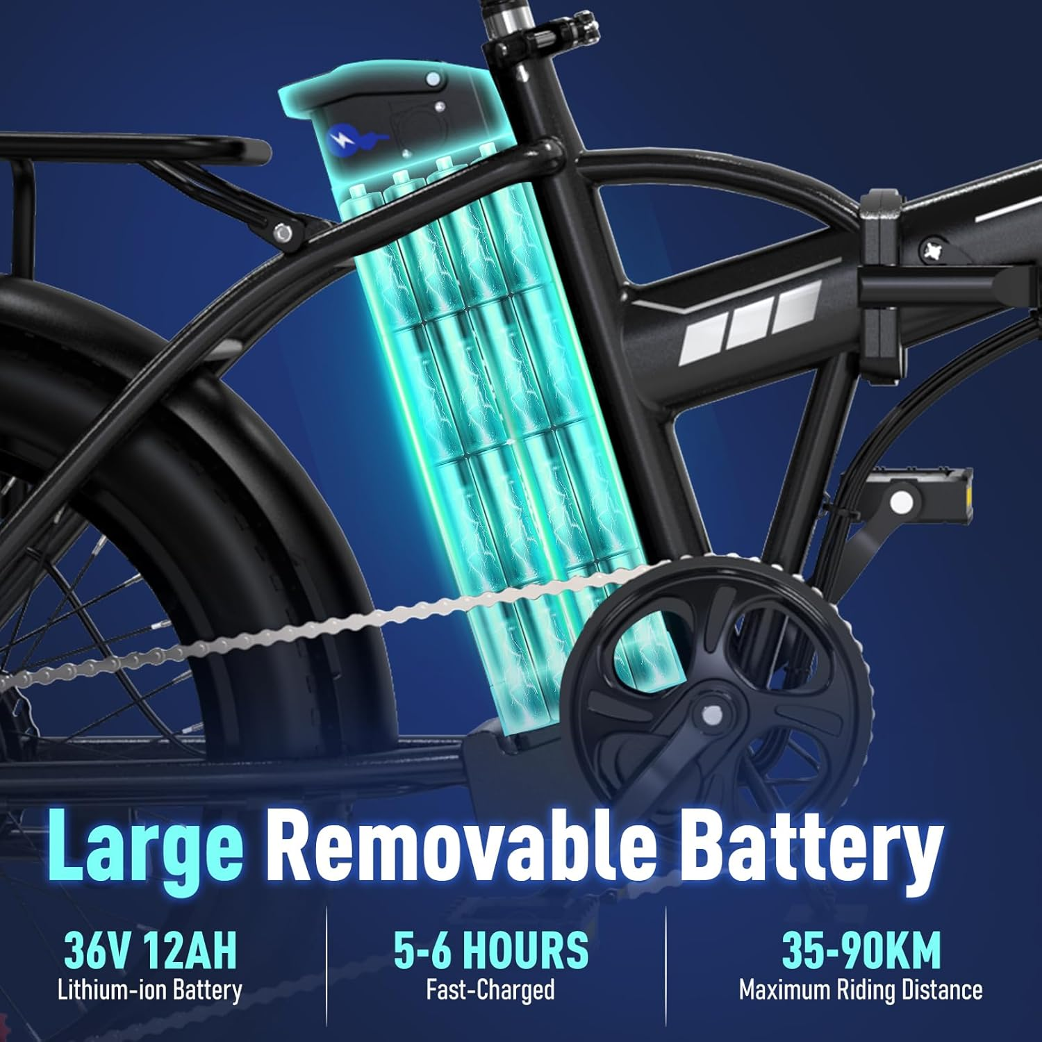 Een e-bike met een verwijderbare batterij, met zijn specificaties: 36V 12AH, 5-6 uur opladen, 35-90km bereik.