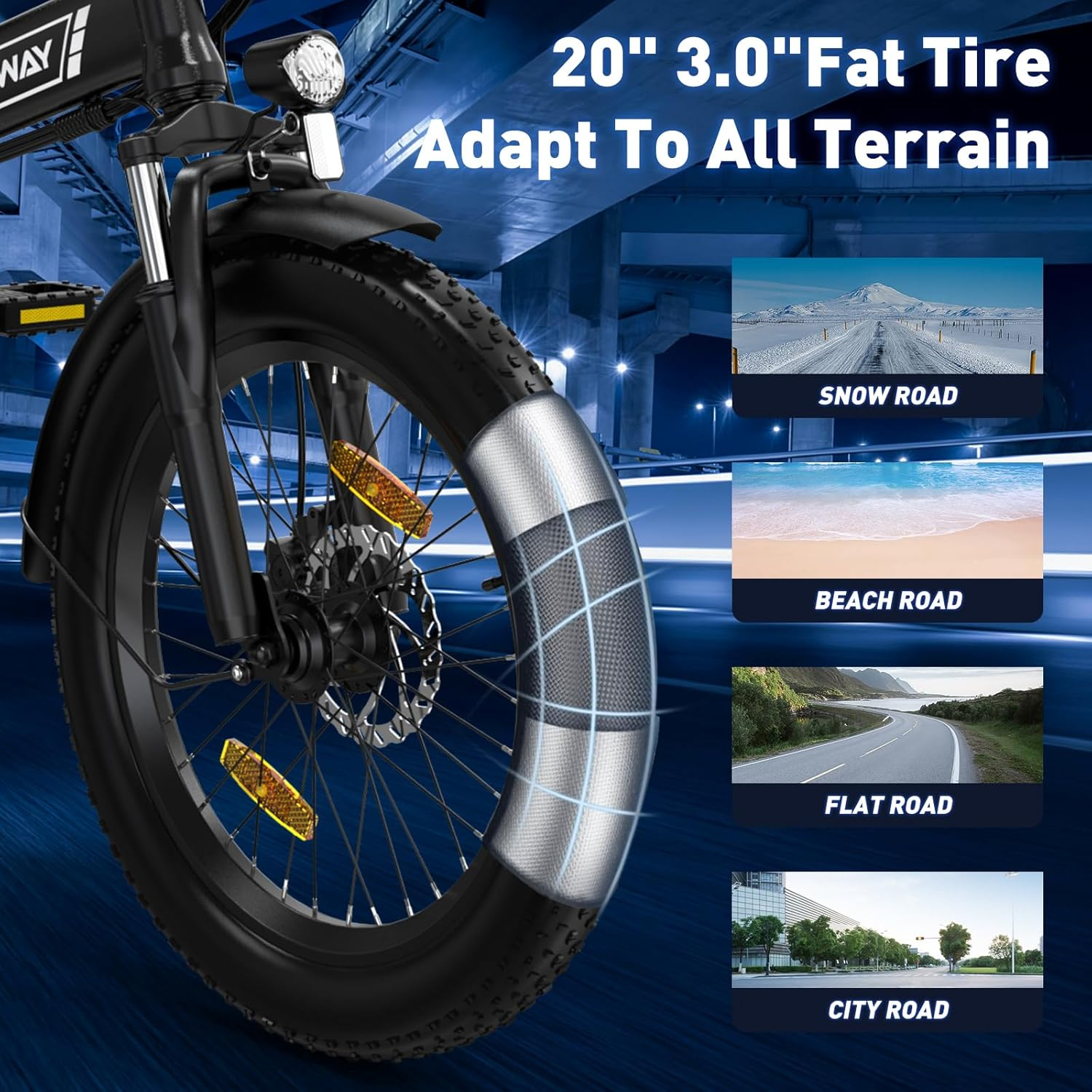 Een 20" e-bike fat tire die aanpassingsvermogen laat zien aan sneeuw-, strand-, vlakke en stadswegen met close-up van de band.