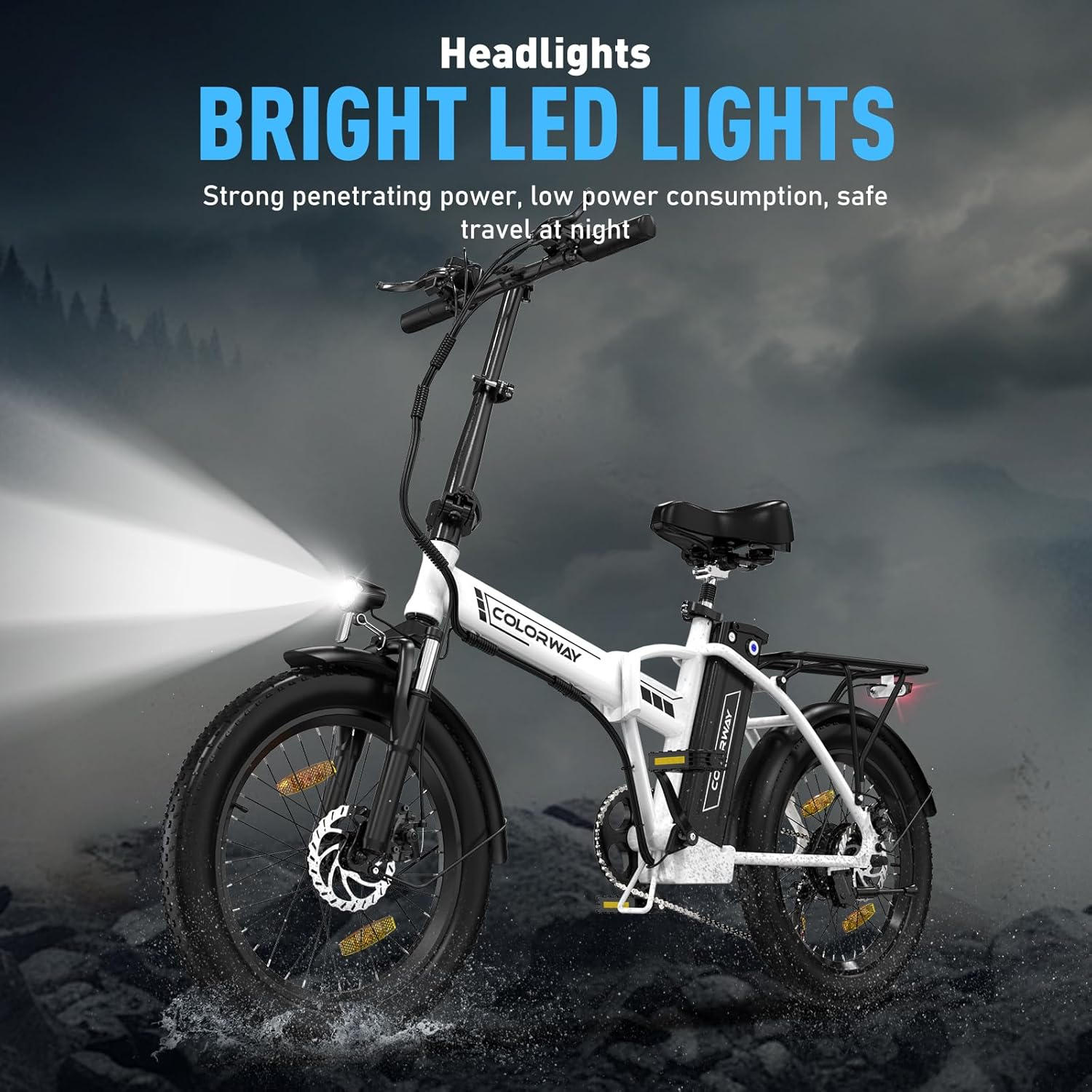 A white e-bike with bright LED lights, safe travel, low power consumption, strong penetrating power, and rocky ground.