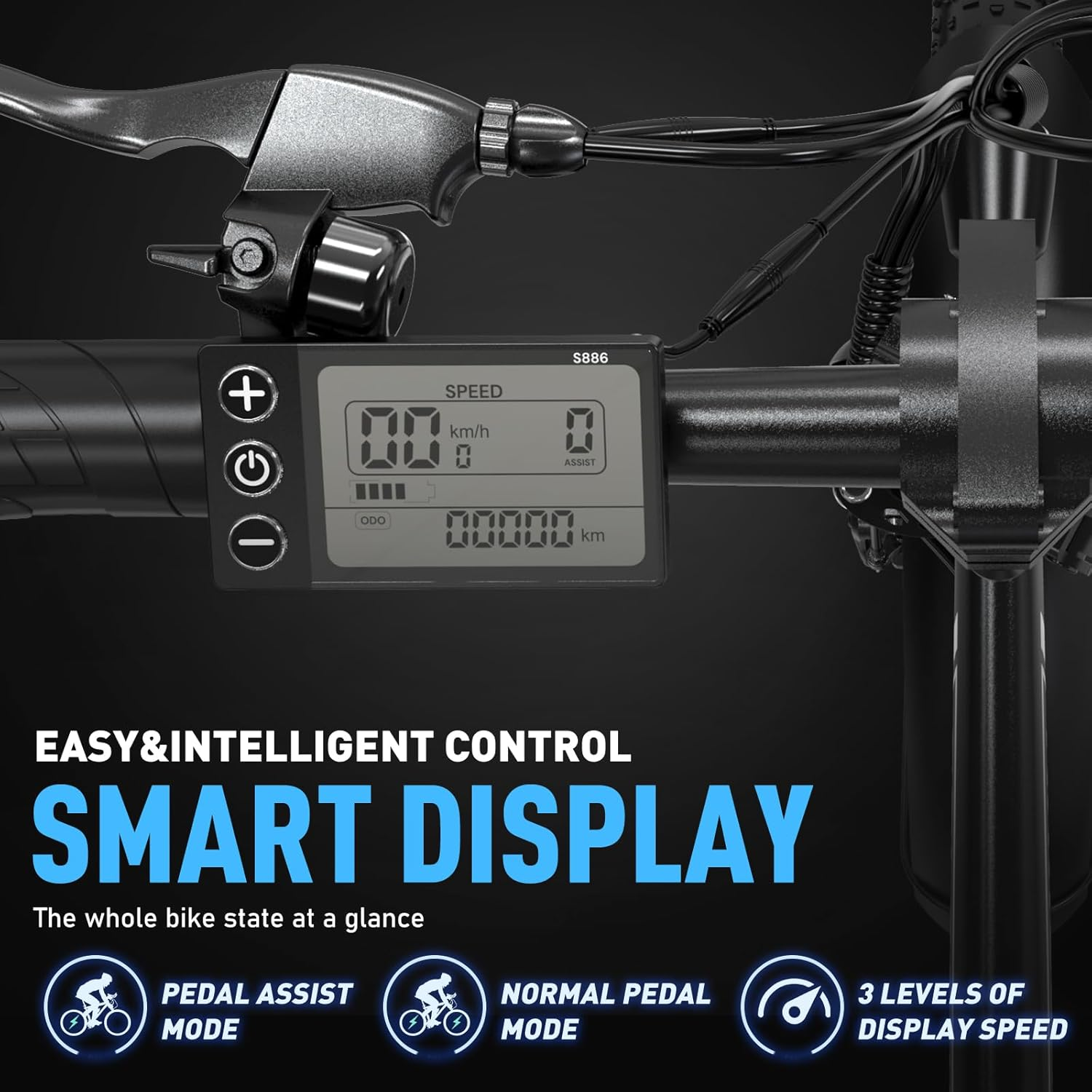 Het display op het stuur van een e-bike toont de snelheid, het ondersteuningsniveau en de kilometertellerstanden voor eenvoudige bediening.