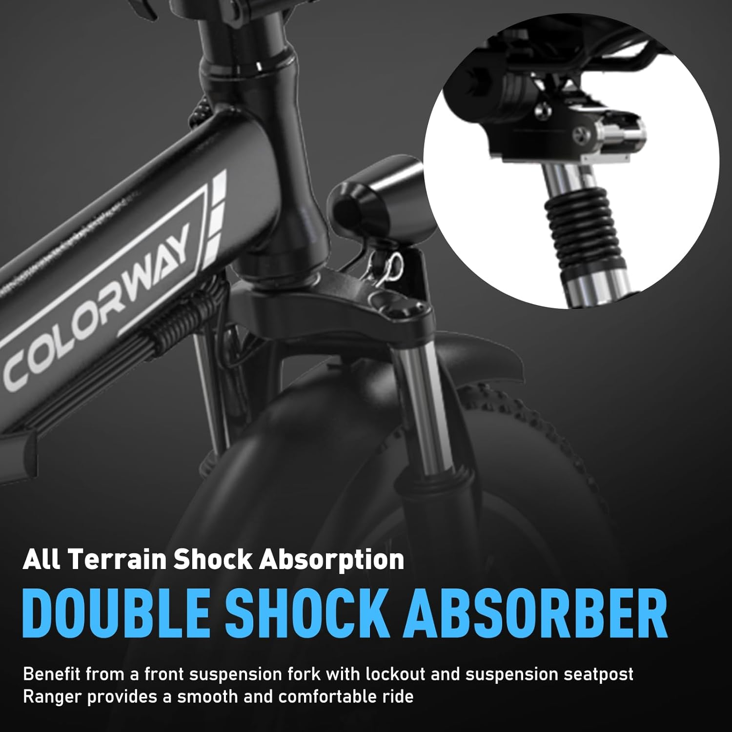 E-bike dubbele schokdemper, alle terreinen, met voorvering en geveerde zadelpen voor een soepele rit.