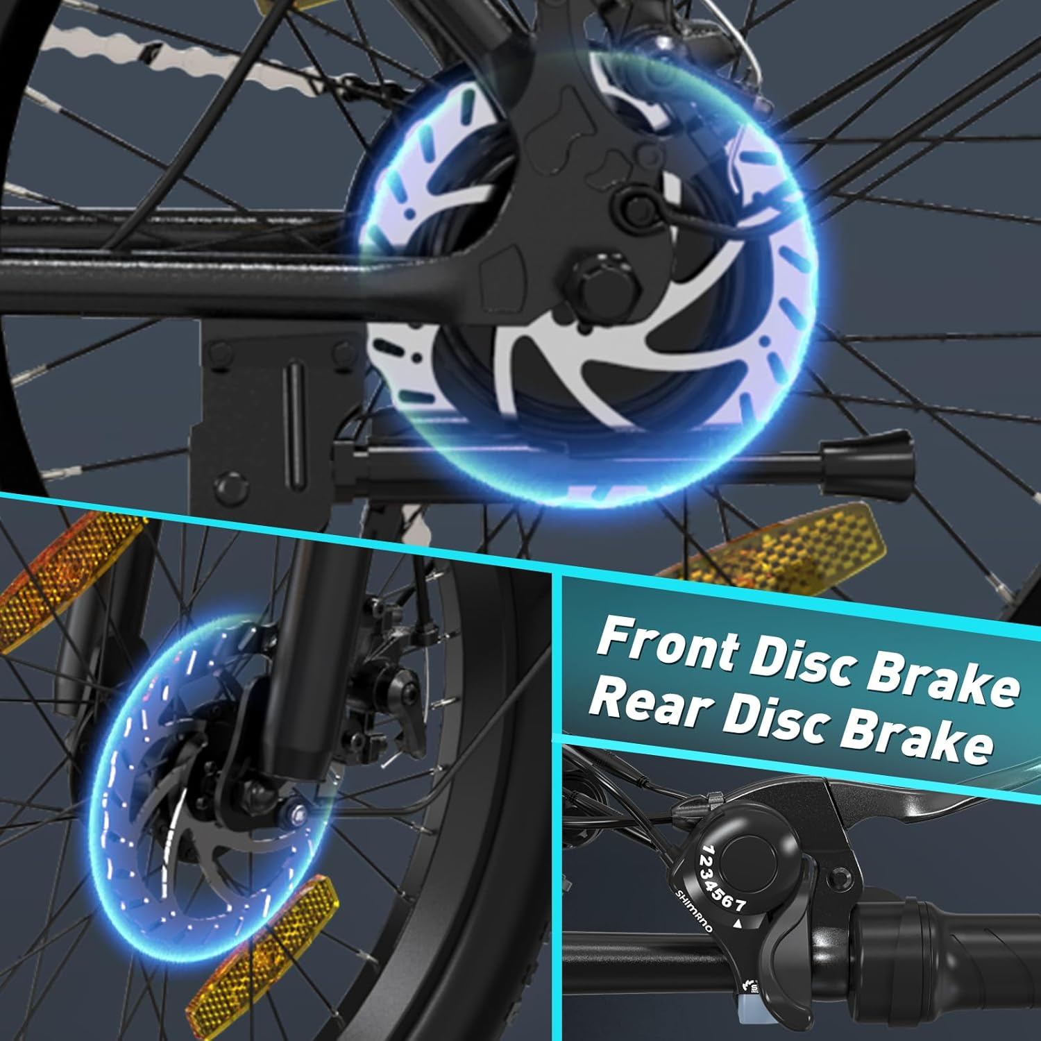 E-bike schijfremmen close-up: voor en achter, waarbij veiligheid en controle met Shimano-componenten worden benadrukt.