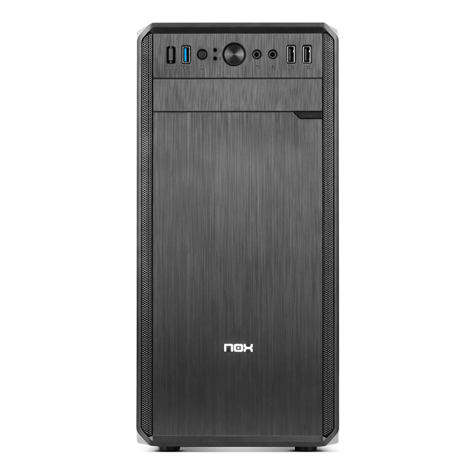 Un case per computer nero con la scritta 'NOX'.