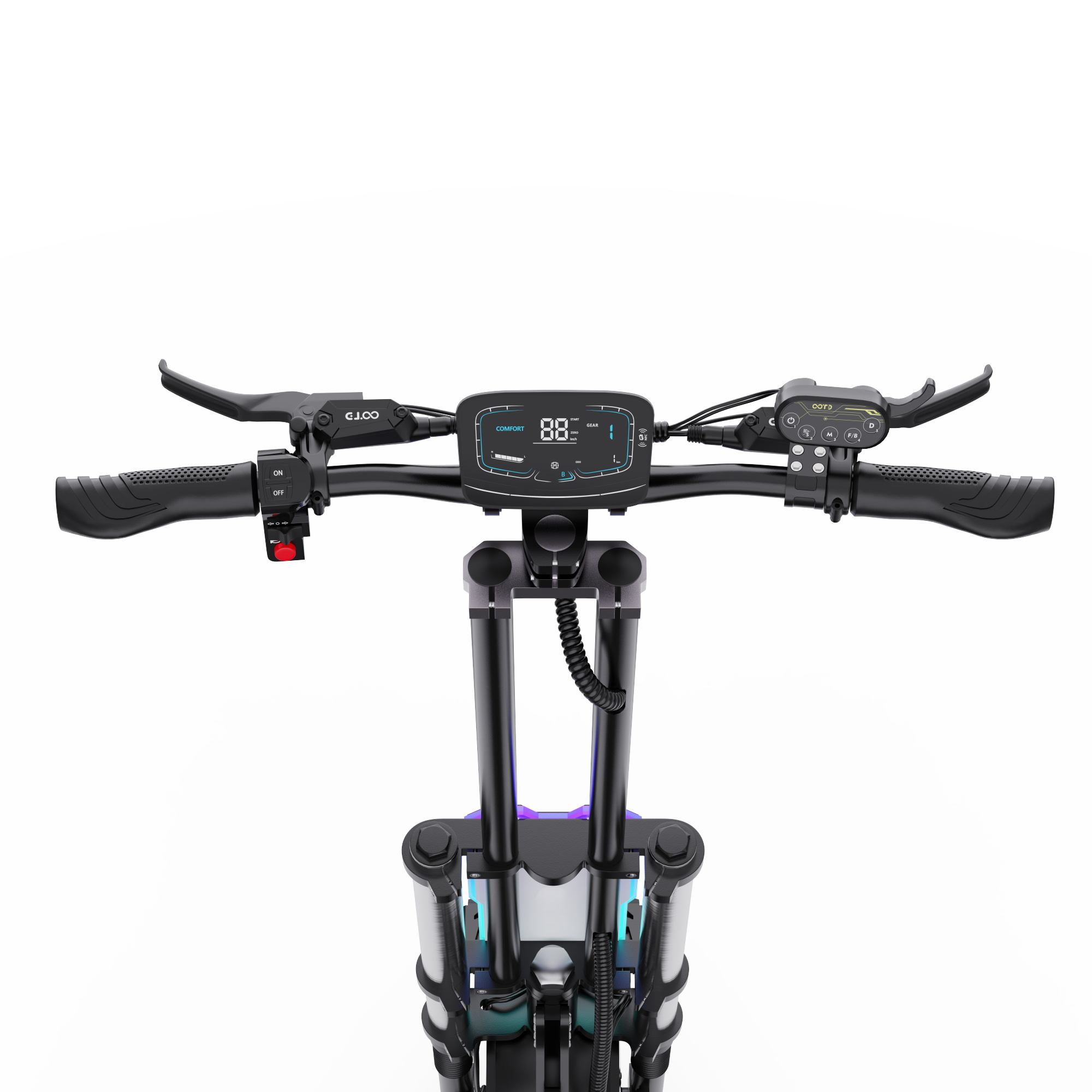 Zbliżenie kierownicy hulajnogi elektrycznej. Wyświetlacz jest na środku. Uchwyty są po bokach. Czerwony przycisk po lewej.