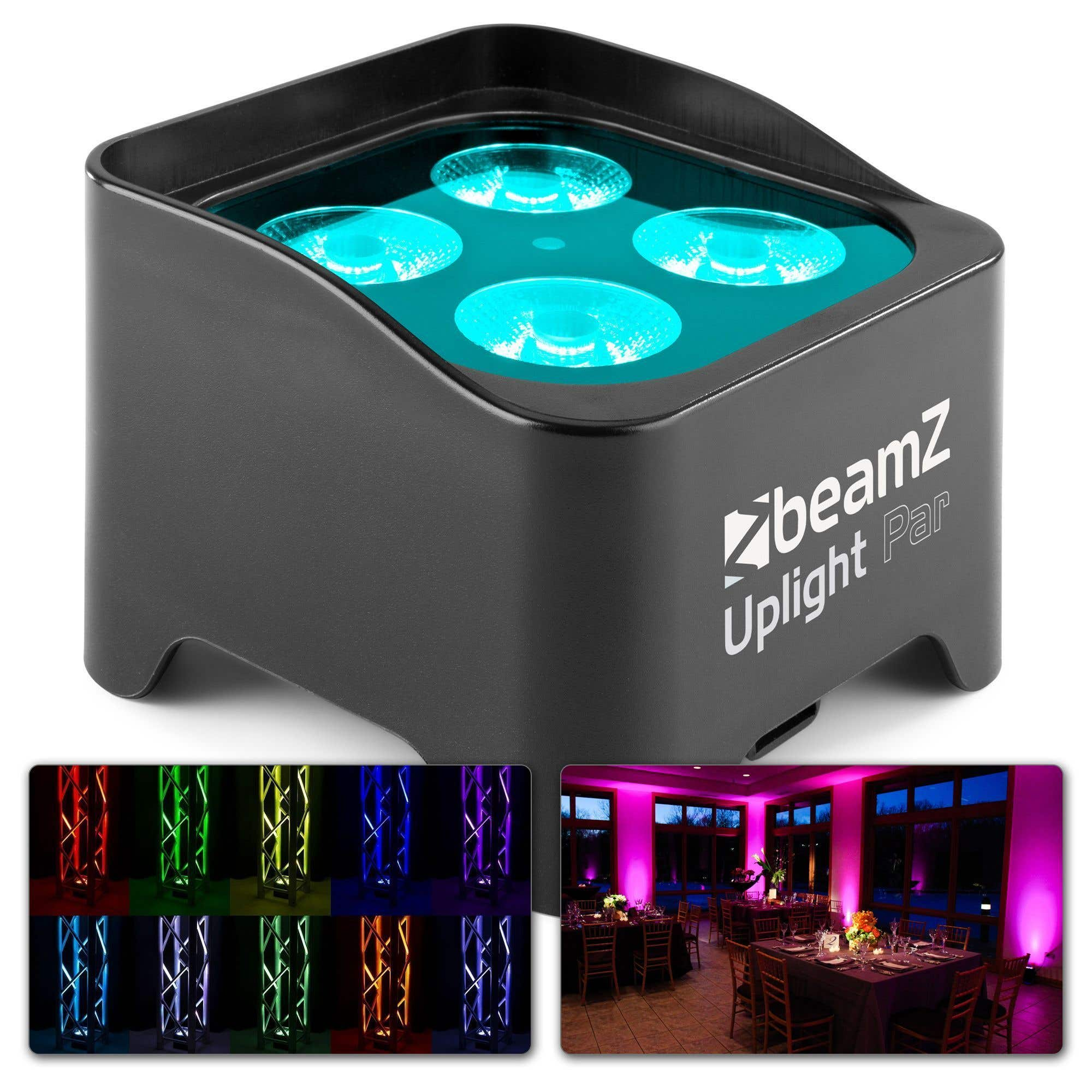 Un Beamz Uplight Par negro con luces azules. También hay muestras de color.