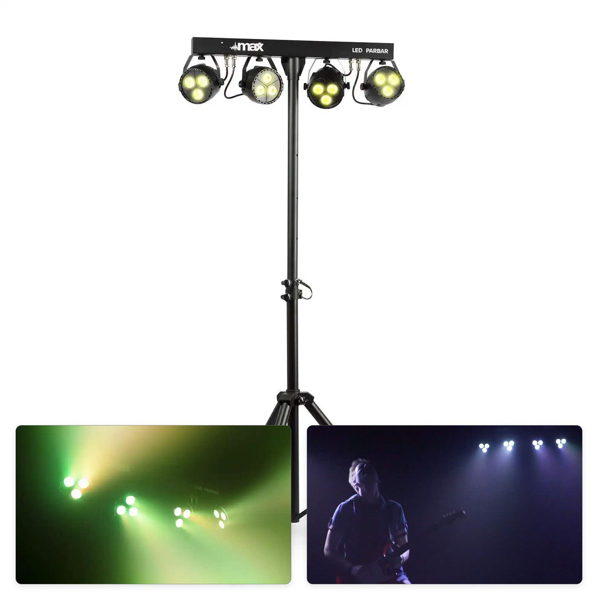 Un LED Parbar con cuatro luces en un soporte. Hay dos imágenes adicionales.