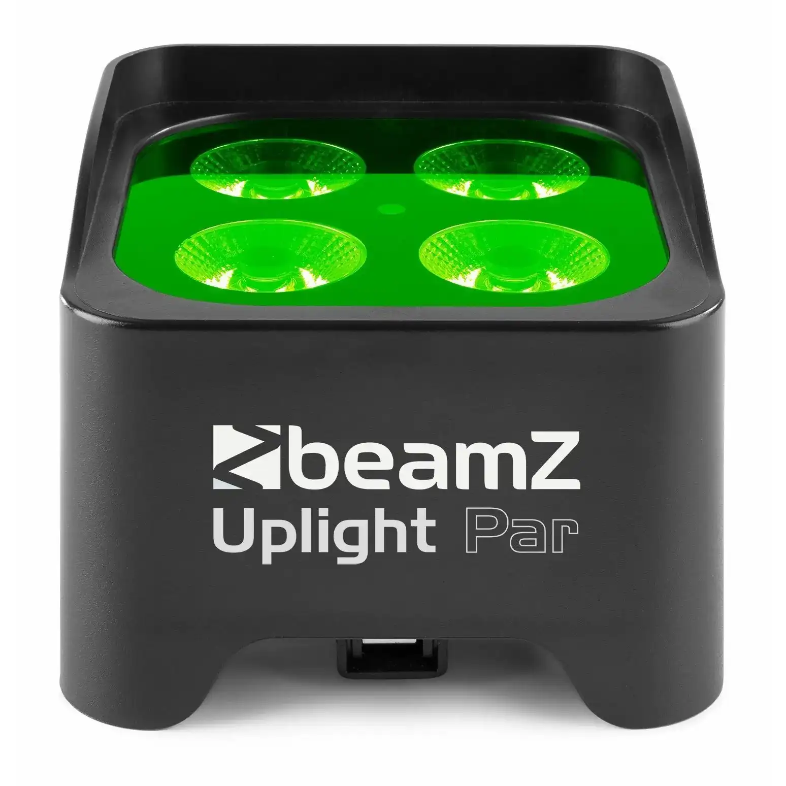 Beamz Uplight Par negro con luces verdes. El logo de Beamz es visible.