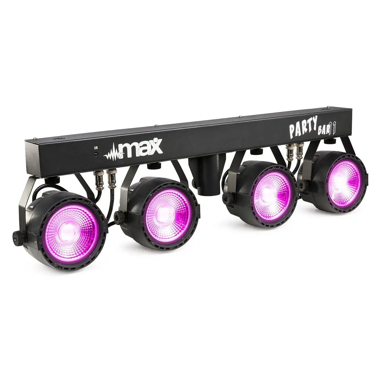 Una barra de luces negra para fiestas con cuatro luces que emiten luz rosa. Tiene los logotipos 'max' y 'party bar 1'.