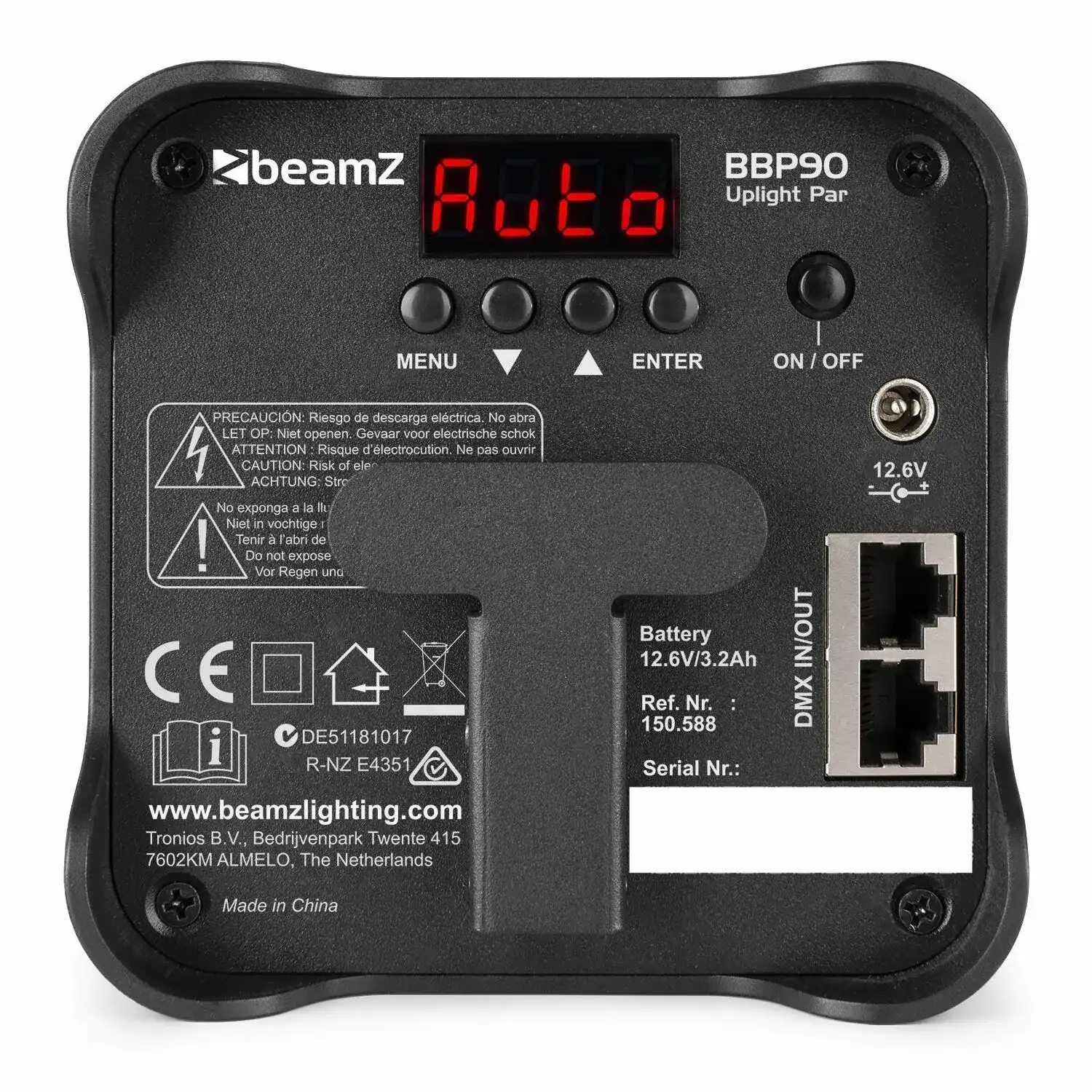 Panel trasero de un Beamz Uplight Par negro. Tiene una pantalla y varios puertos.