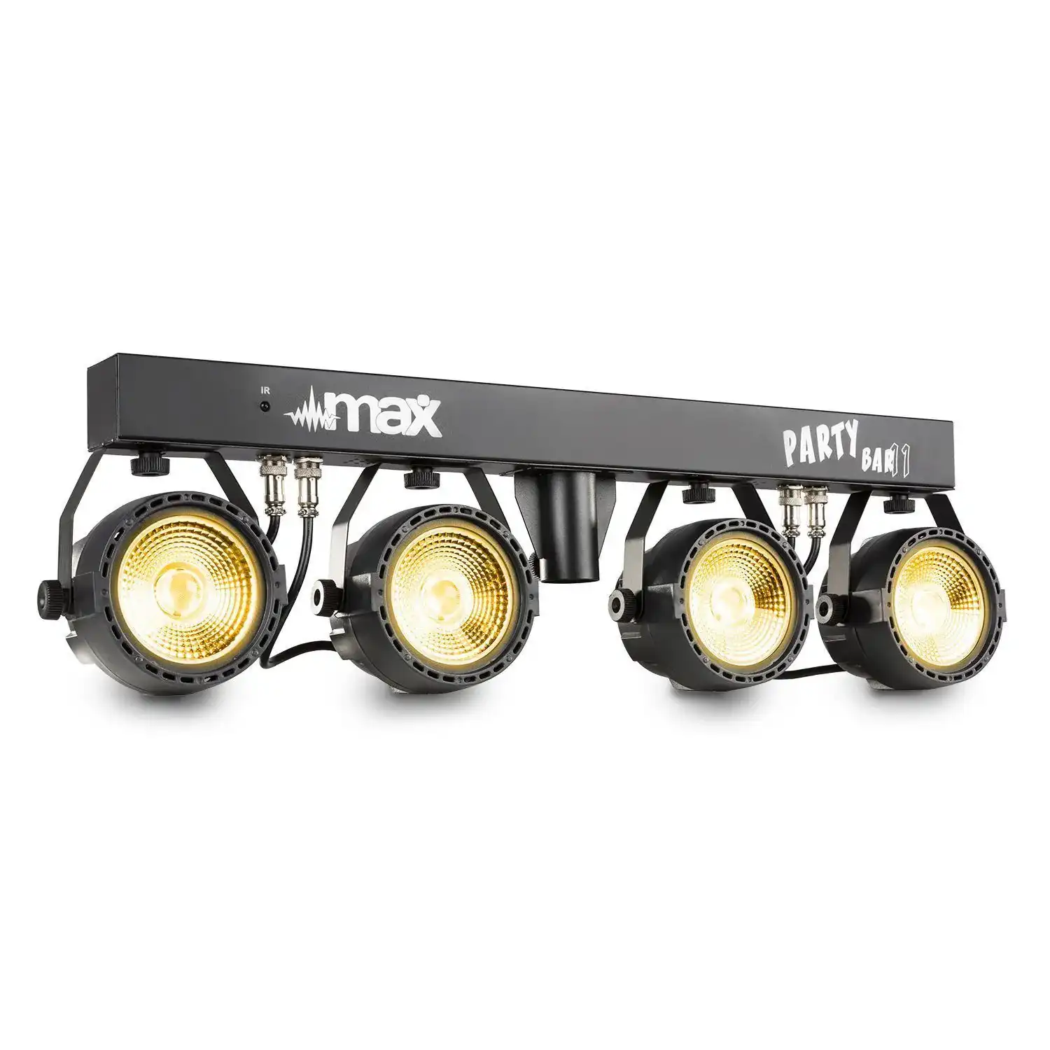 Una barra de luces negra para fiestas con cuatro luces que emiten luz amarilla. Tiene los logotipos 'max' y 'party bar 1'.