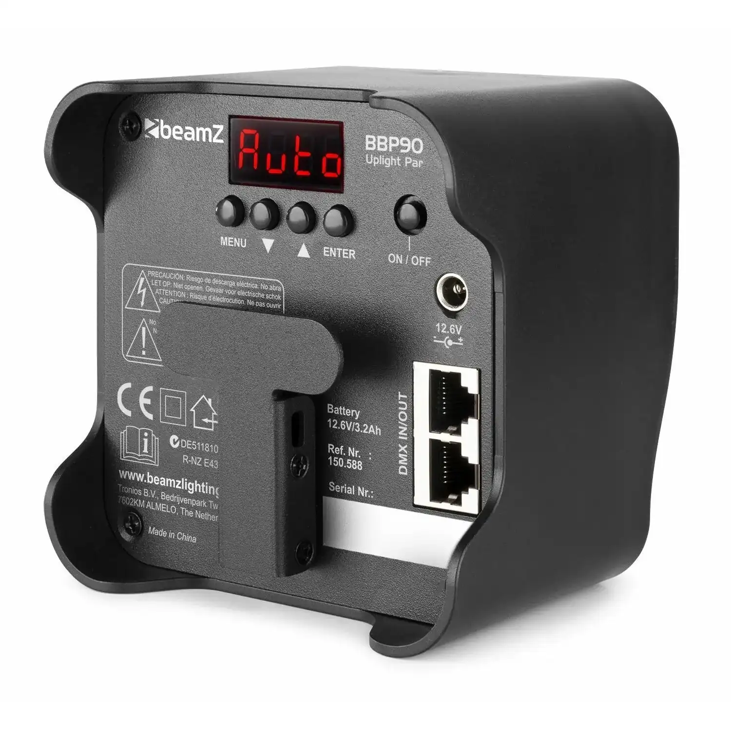 Panel trasero de un Beamz Uplight Par negro con pantalla y puertos.