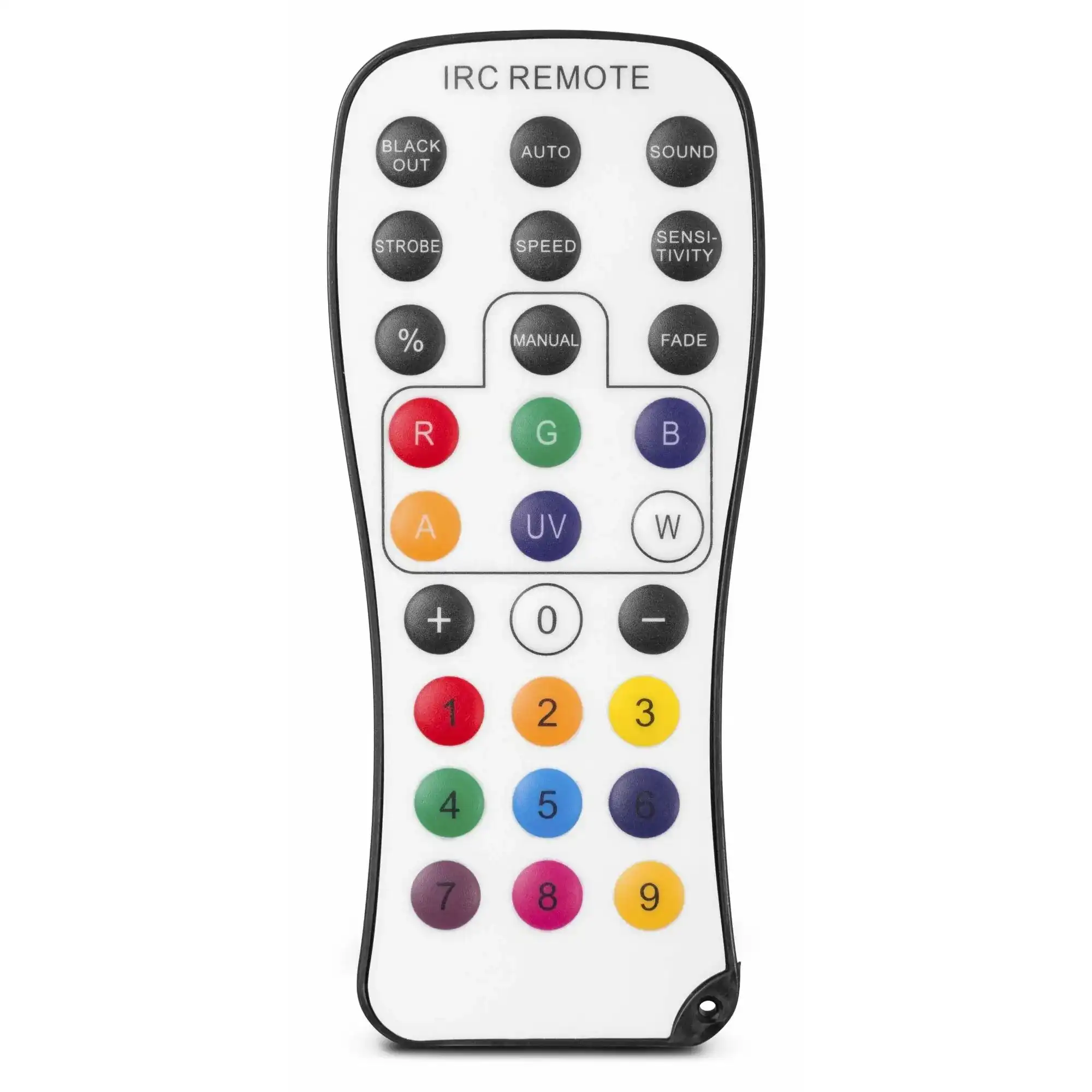 Un mando a distancia blanco con varios botones de colores. La palabra IRC REMOTE está arriba.