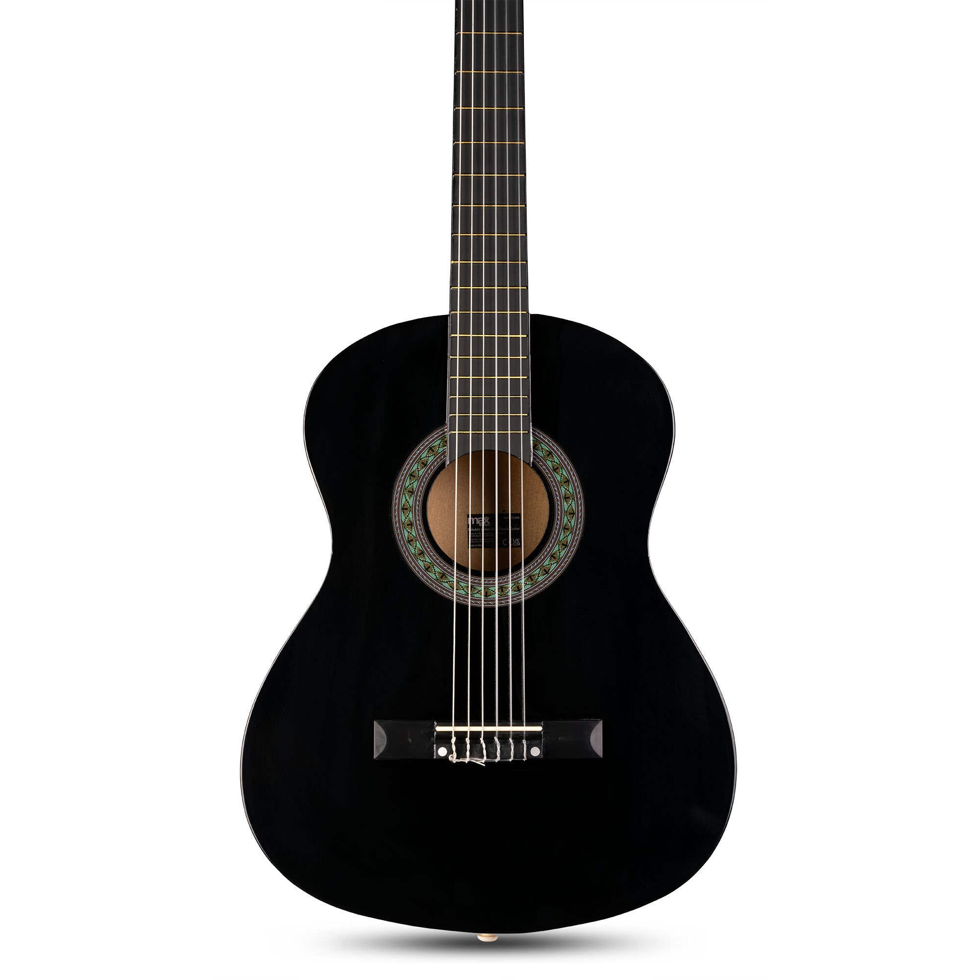 Een zwarte akoestische gitaar, gecentreerd, met snaren en klankgat.