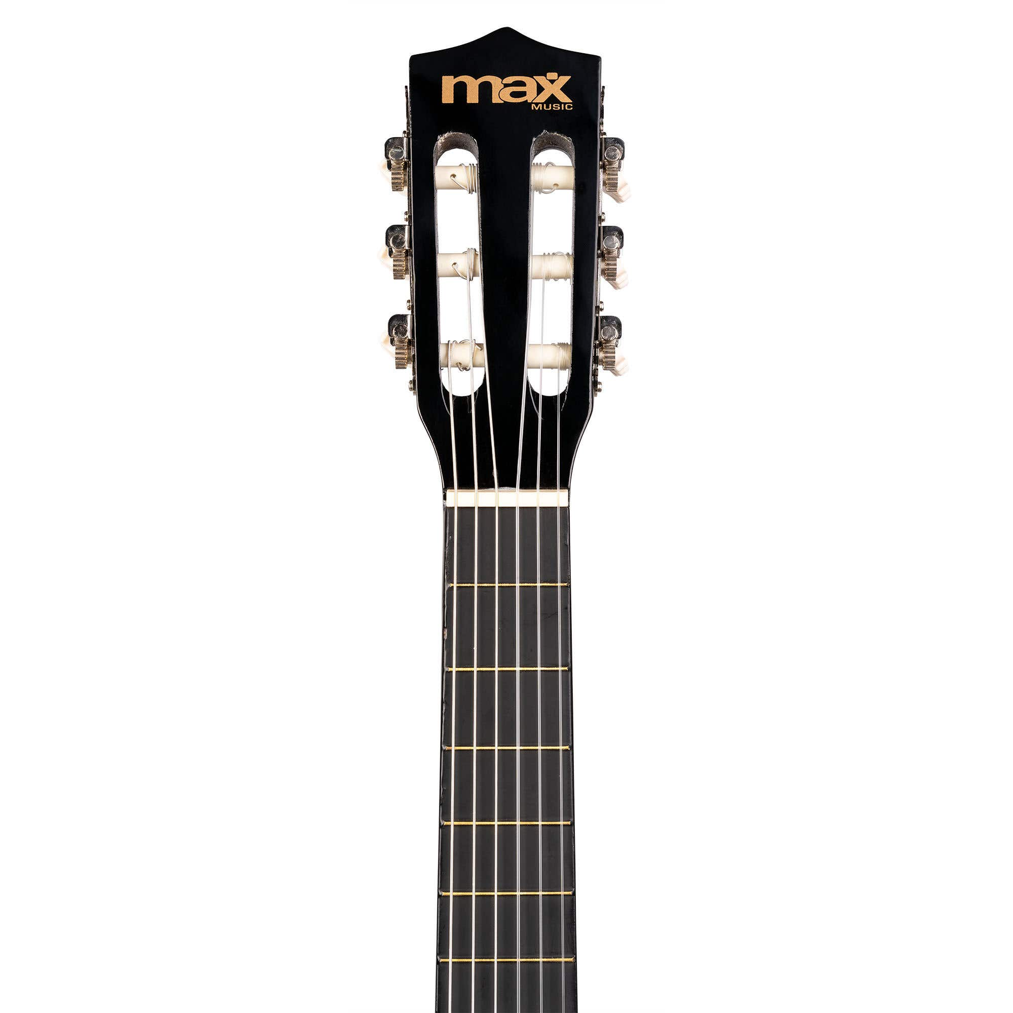 Kop van zwarte gitaar met merk 'MAX', stemknoppen zichtbaar.