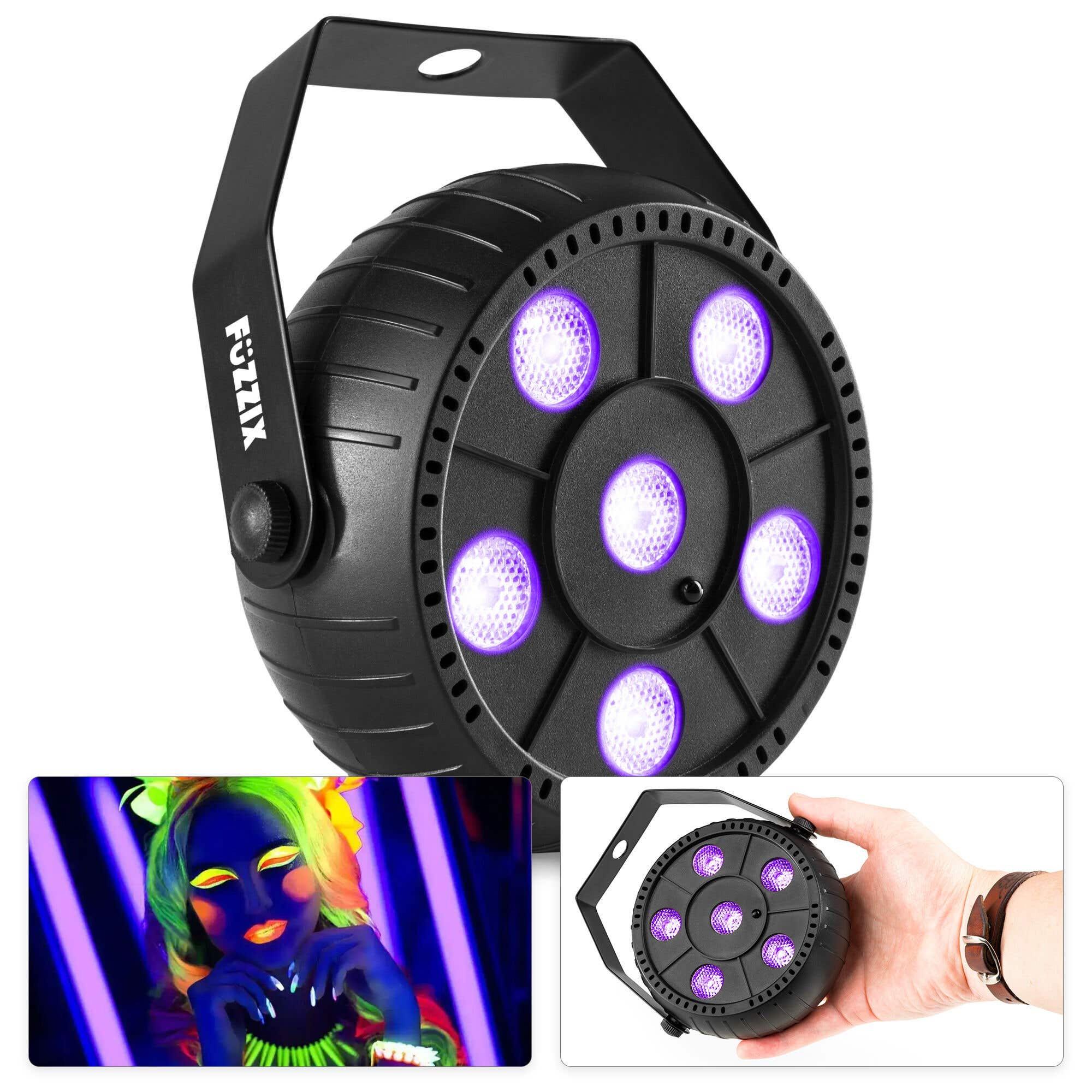 Un foco negro con seis luces púrpuras. Imágenes adicionales muestran a una persona y una mano sosteniendo la luz.