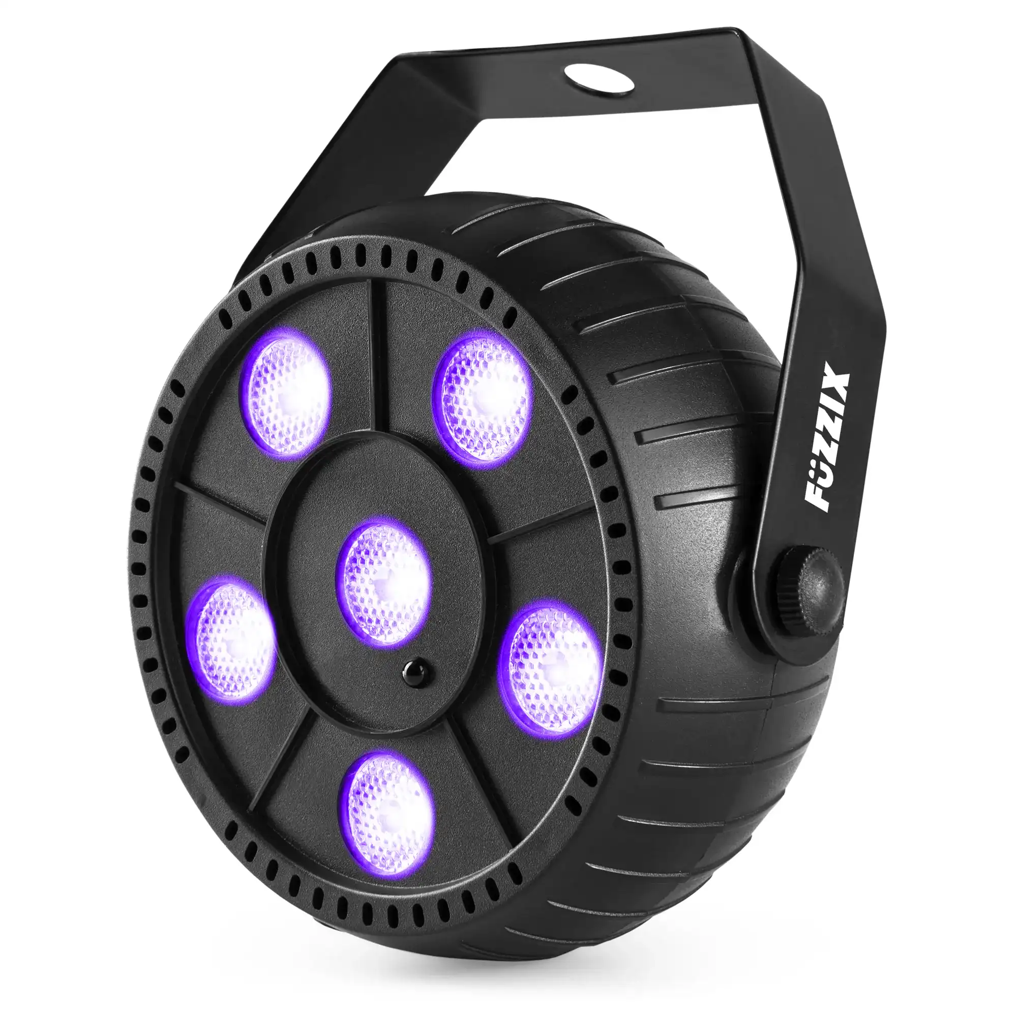 Luz de escenario negra con seis LED morados. Tiene un asa y la marca 'Fuzzix'.