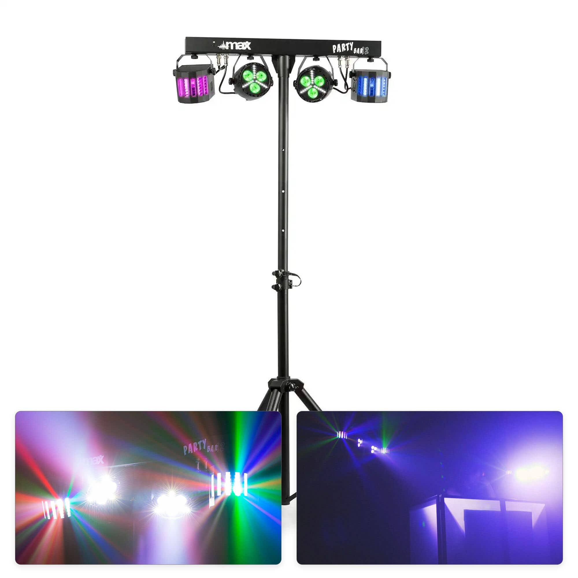 Soporte de luces de fiesta con cuatro luces y dos imágenes insertadas de shows.