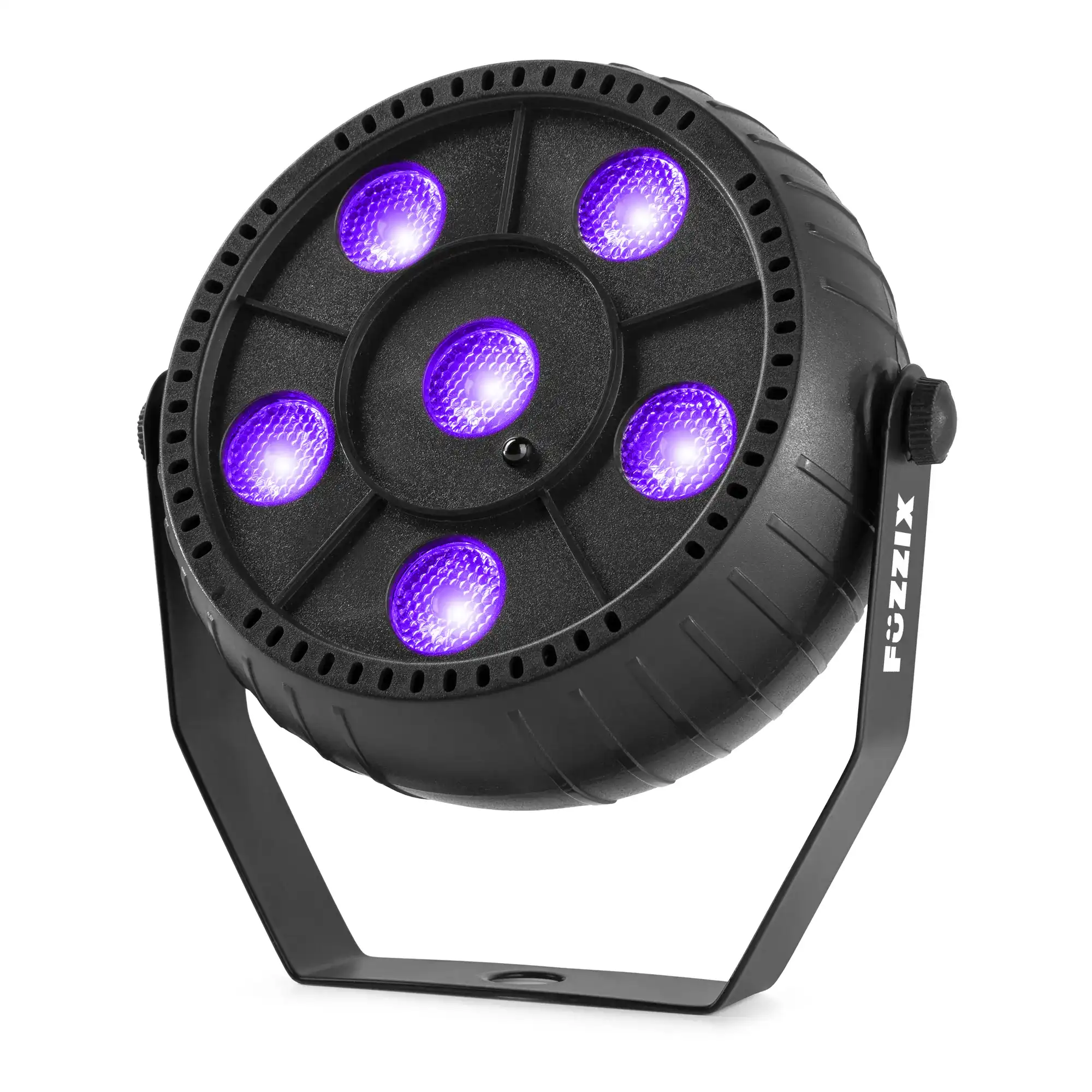Luz de escenario negra con seis LED morados y asa. Se ve el logo 'Fuzzix'.