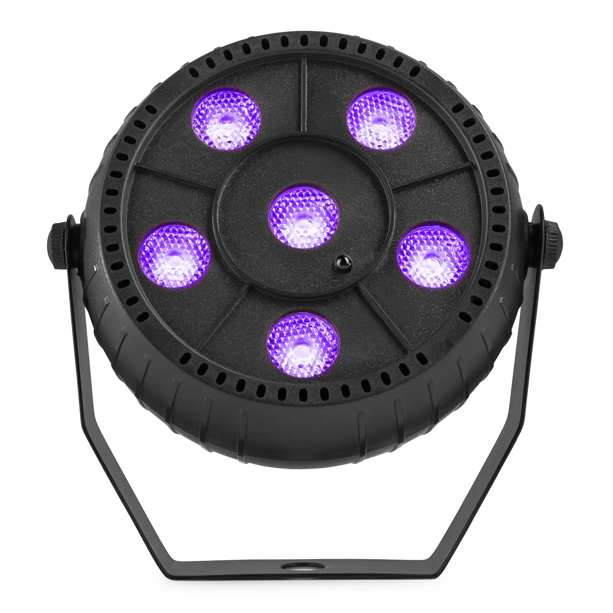 Luz de escenario negra con seis LED morados, asa y la marca 'Fuzzix'.