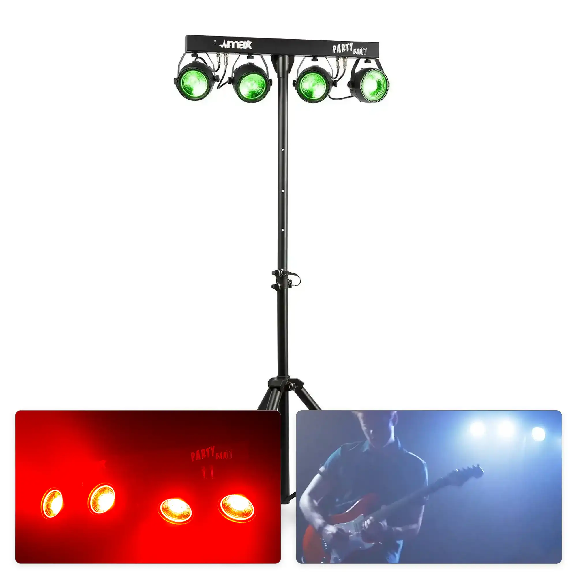 Soporte de luces de fiesta con cuatro luces verdes, dos imágenes insertadas.