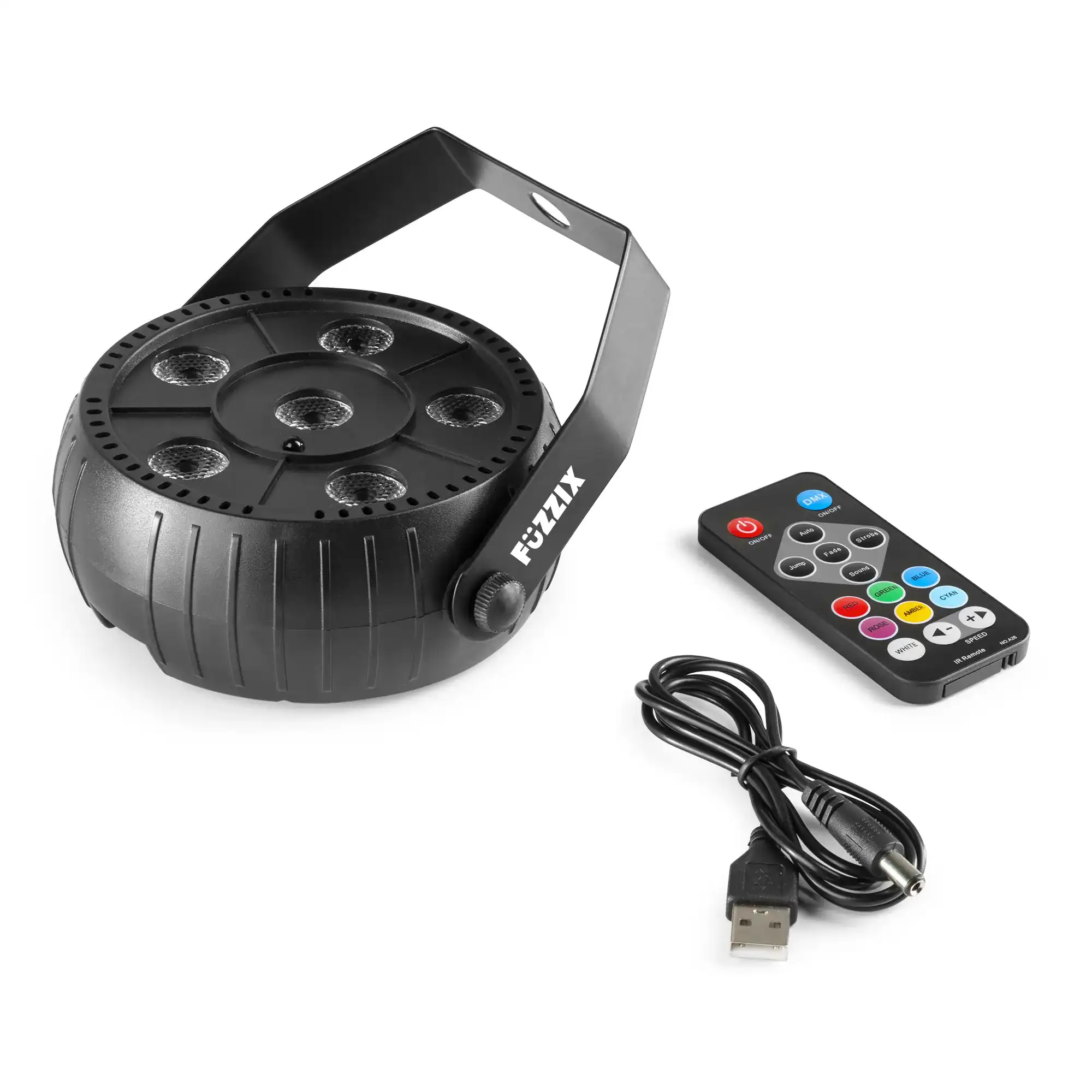 Foco negro, mando a distancia y cable USB. La luz tiene seis luces y el logo 'Fuzzix'.
