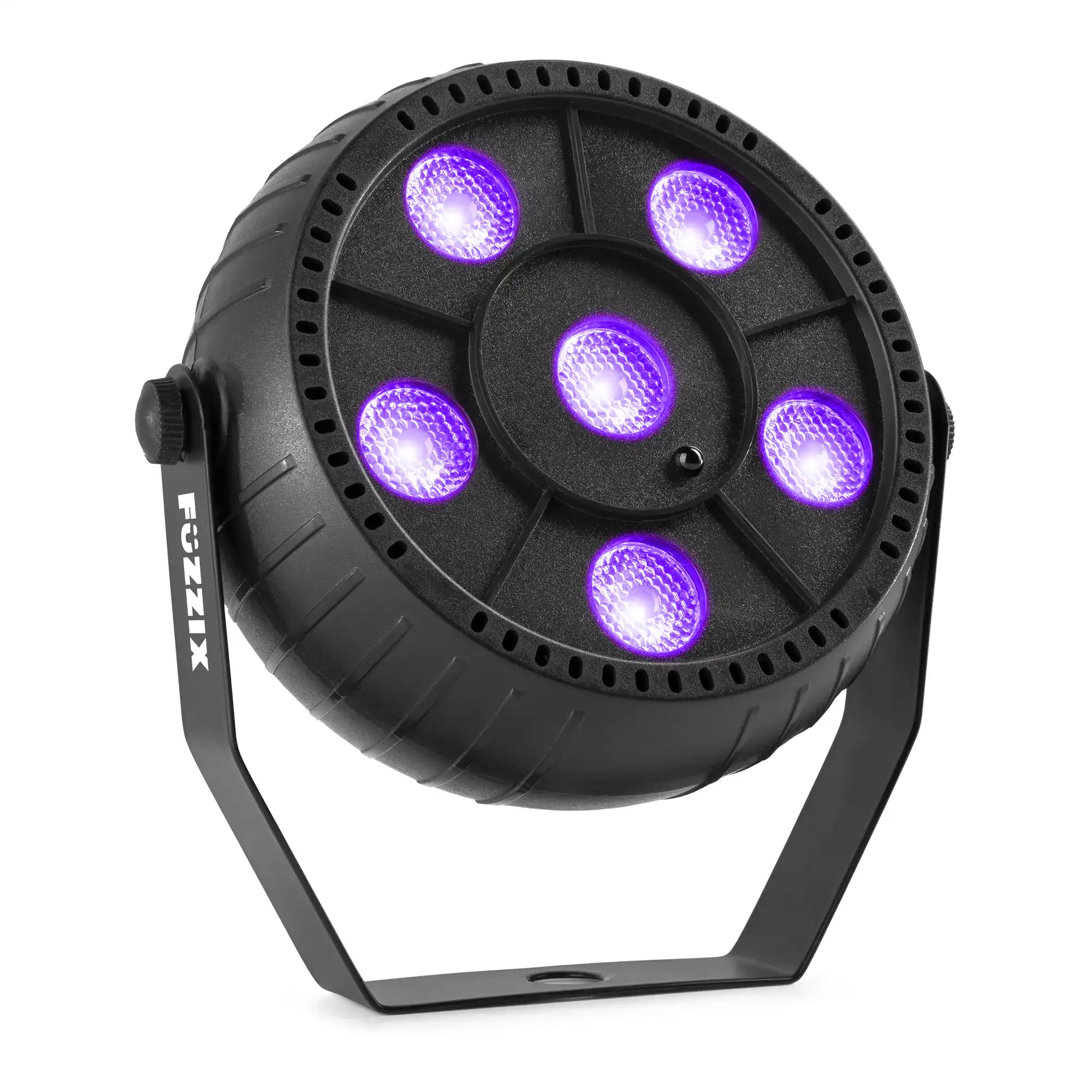 Luz de escenario negra con seis luces moradas. Tiene un soporte y el logo 'Fuzzix'.