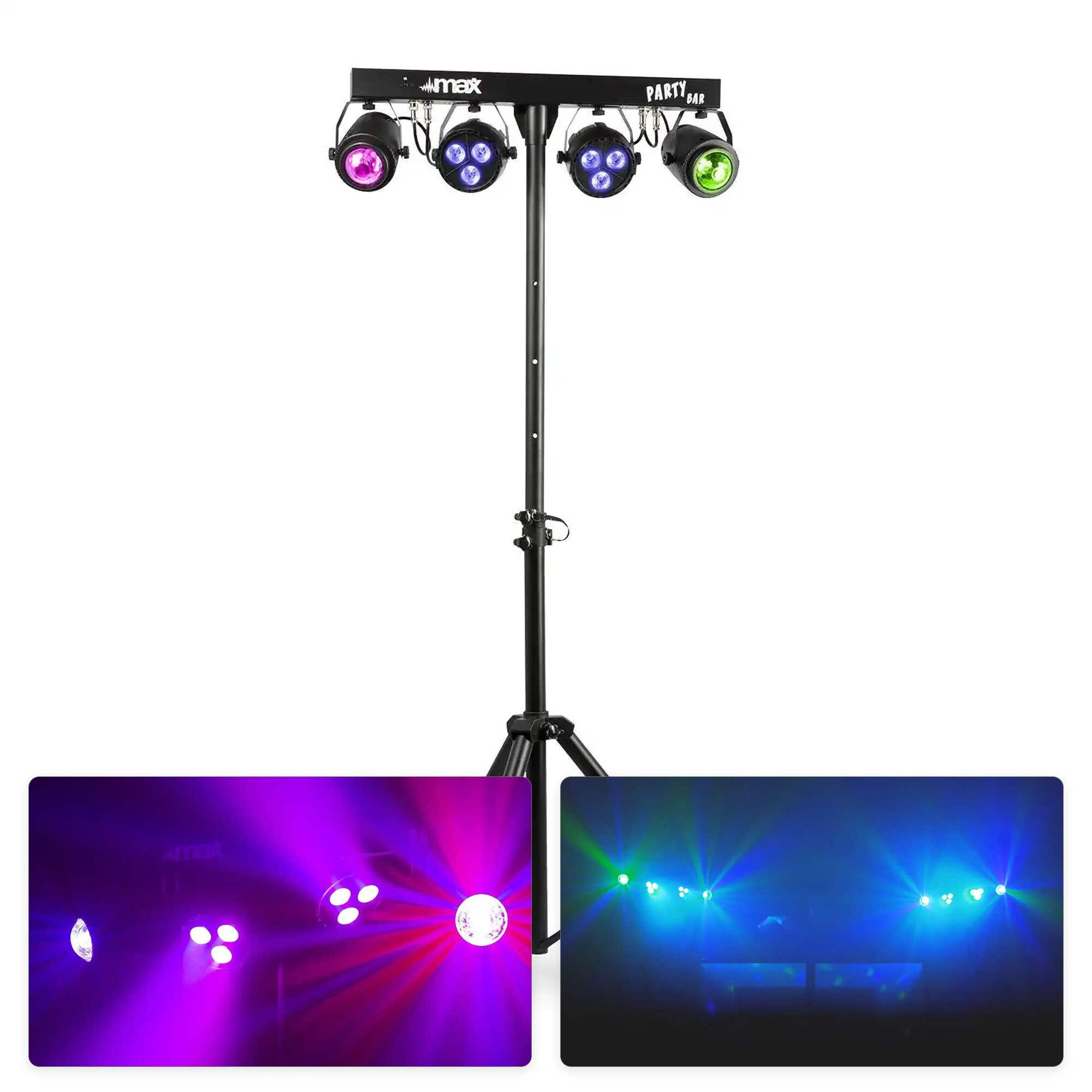 Soporte de luces de fiesta con cuatro luces y imágenes insertadas.
