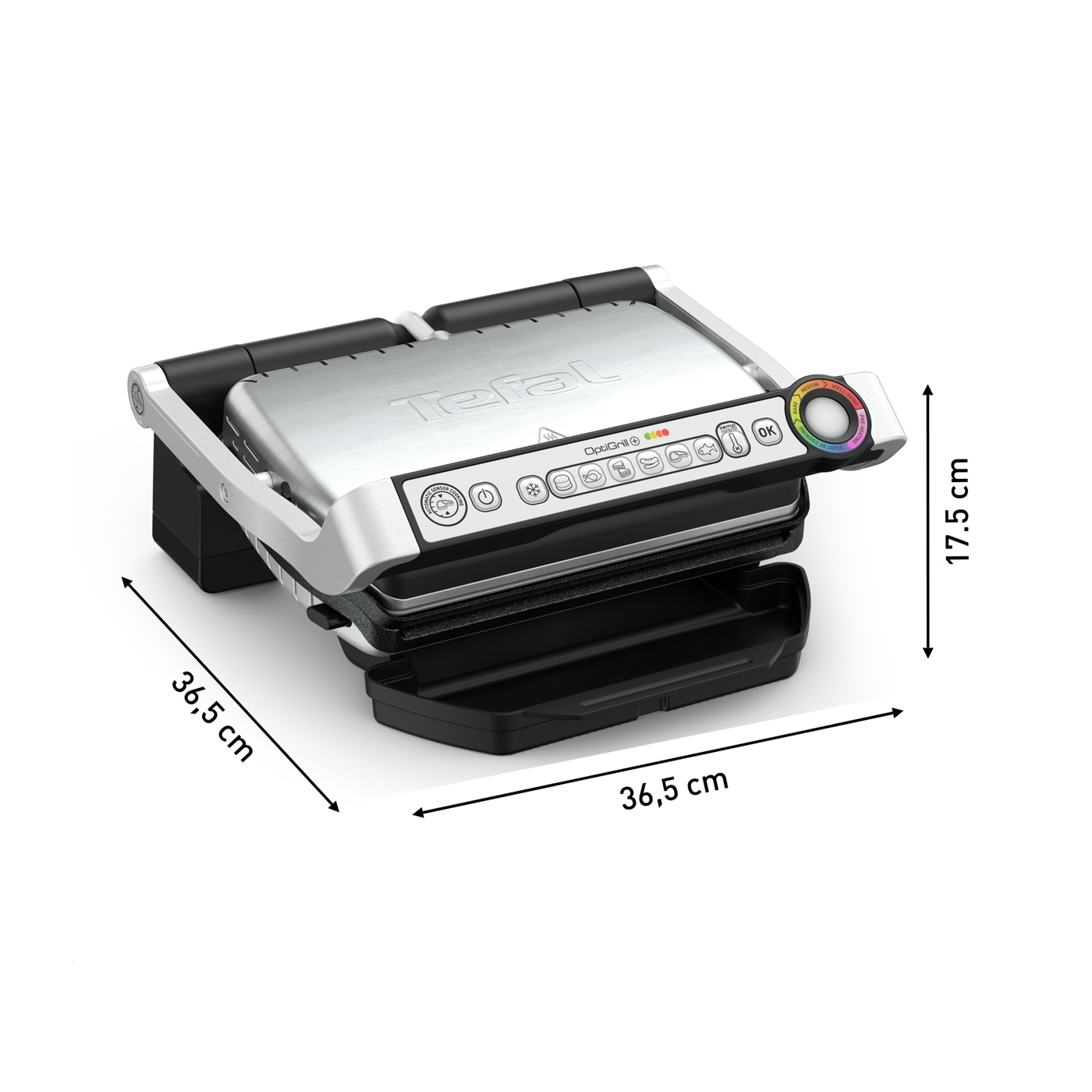 Ein silberner Tefal OptiGrill wird gezeigt, mit markierten Abmessungen. Er hat eine schwarze Basis und einen geöffneten Deckel.