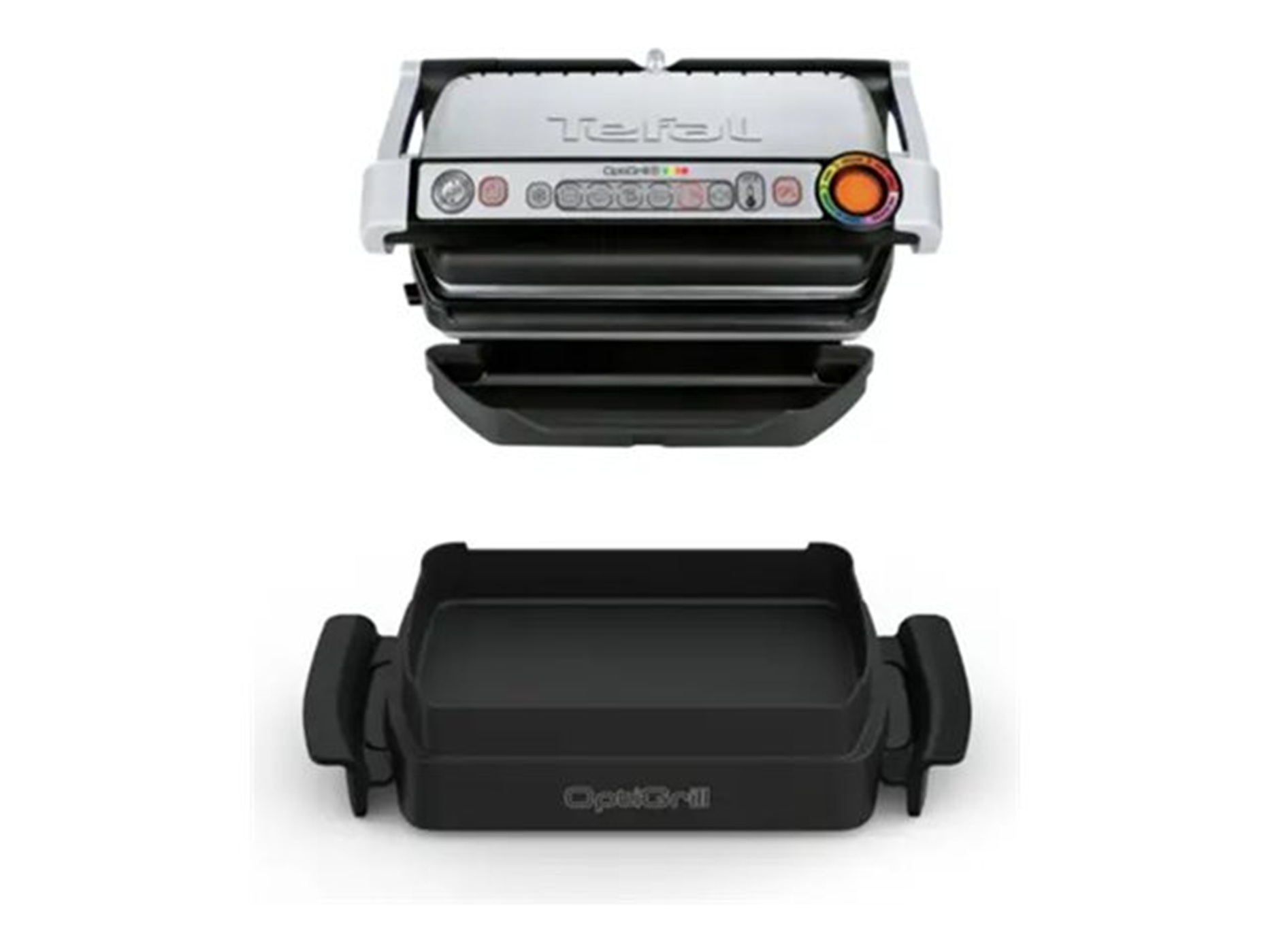 Ein offener Tefal OptiGrill mit schwarzer Tropfschale. Der OptiGrill ist silber und schwarz.