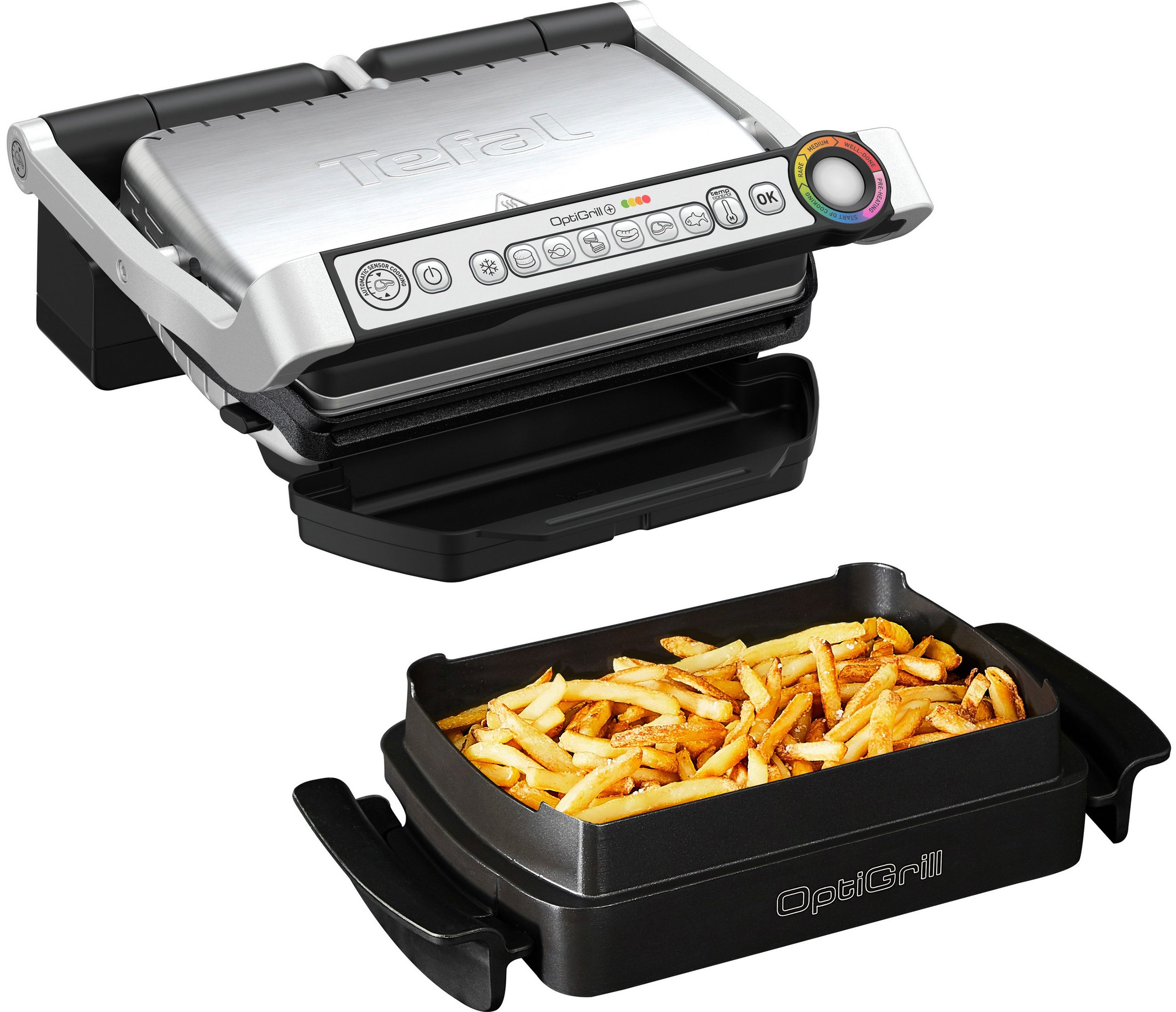 Tefal OptiGrill mit offenem Deckel und Pommes in der Schale. Der Grill ist silber und schwarz.
