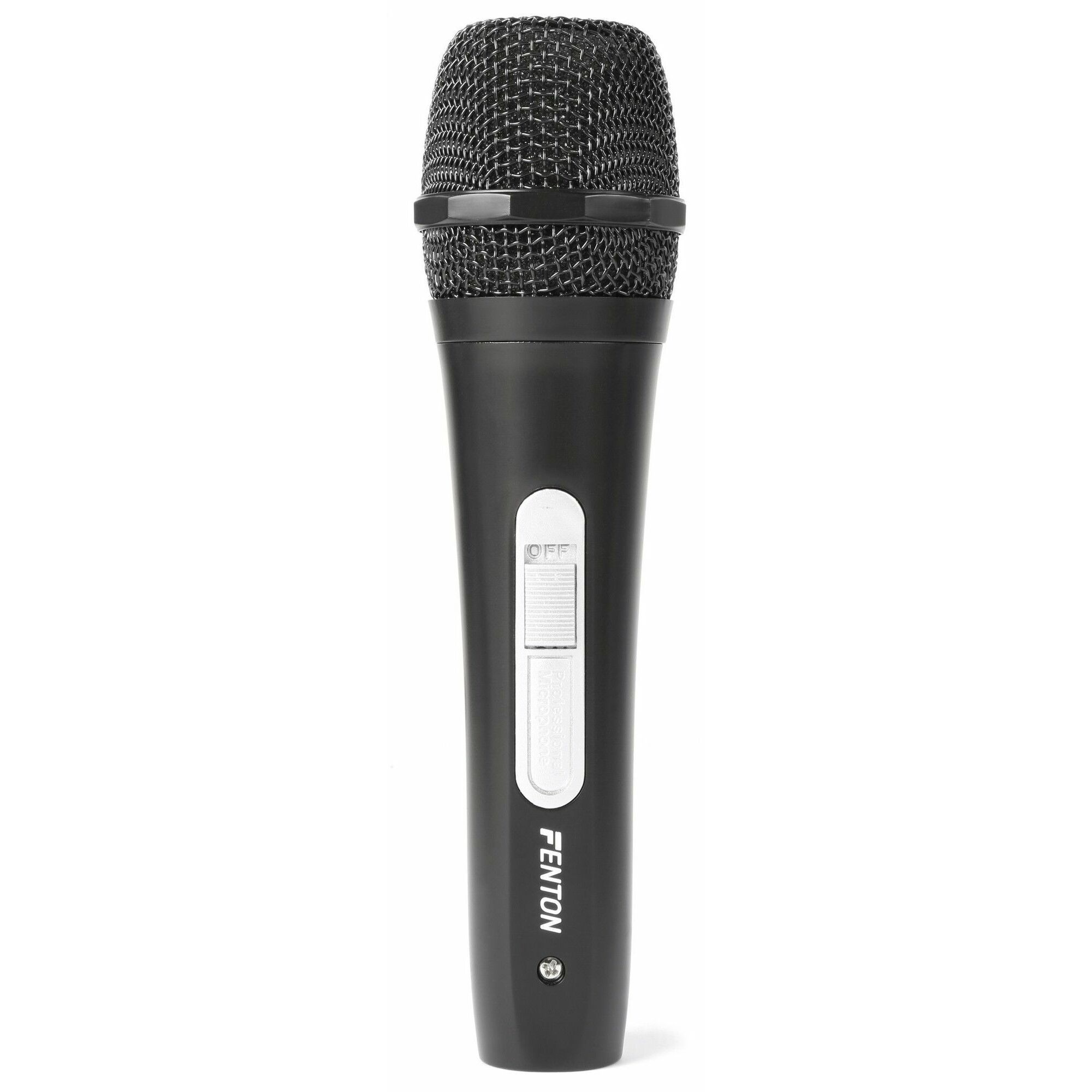 Un micrófono FENTON negro, con un interruptor de encendido. El micrófono está sobre un fondo blanco, aislado y enfocado.