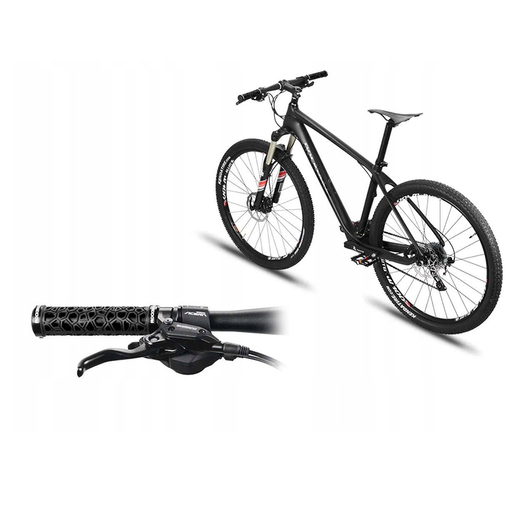 Czarny rower z uchwytem do roweru i zbliżenie kierownicy.