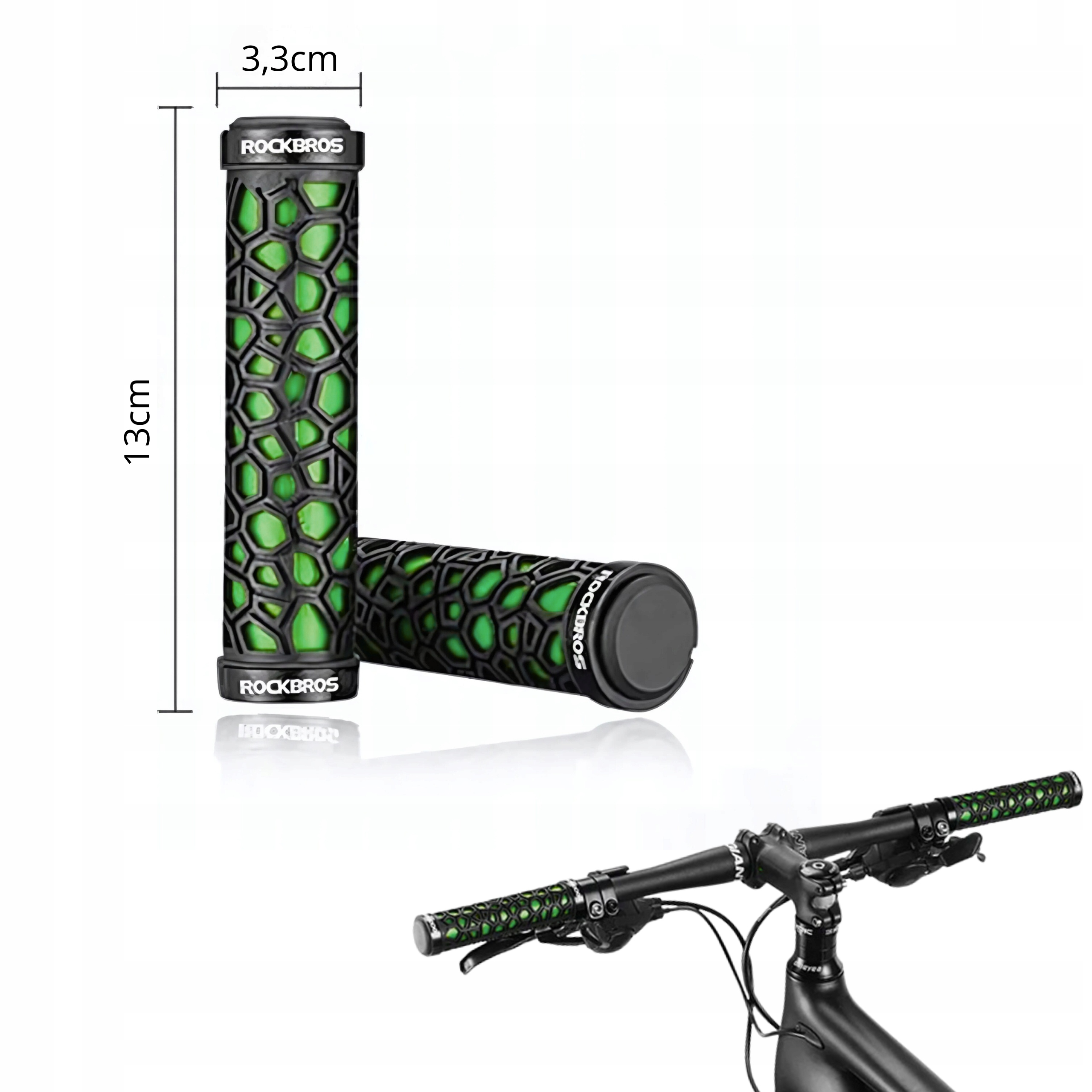 Czarny i zielony uchwyt rowerowy z wymiarami na białym tle.