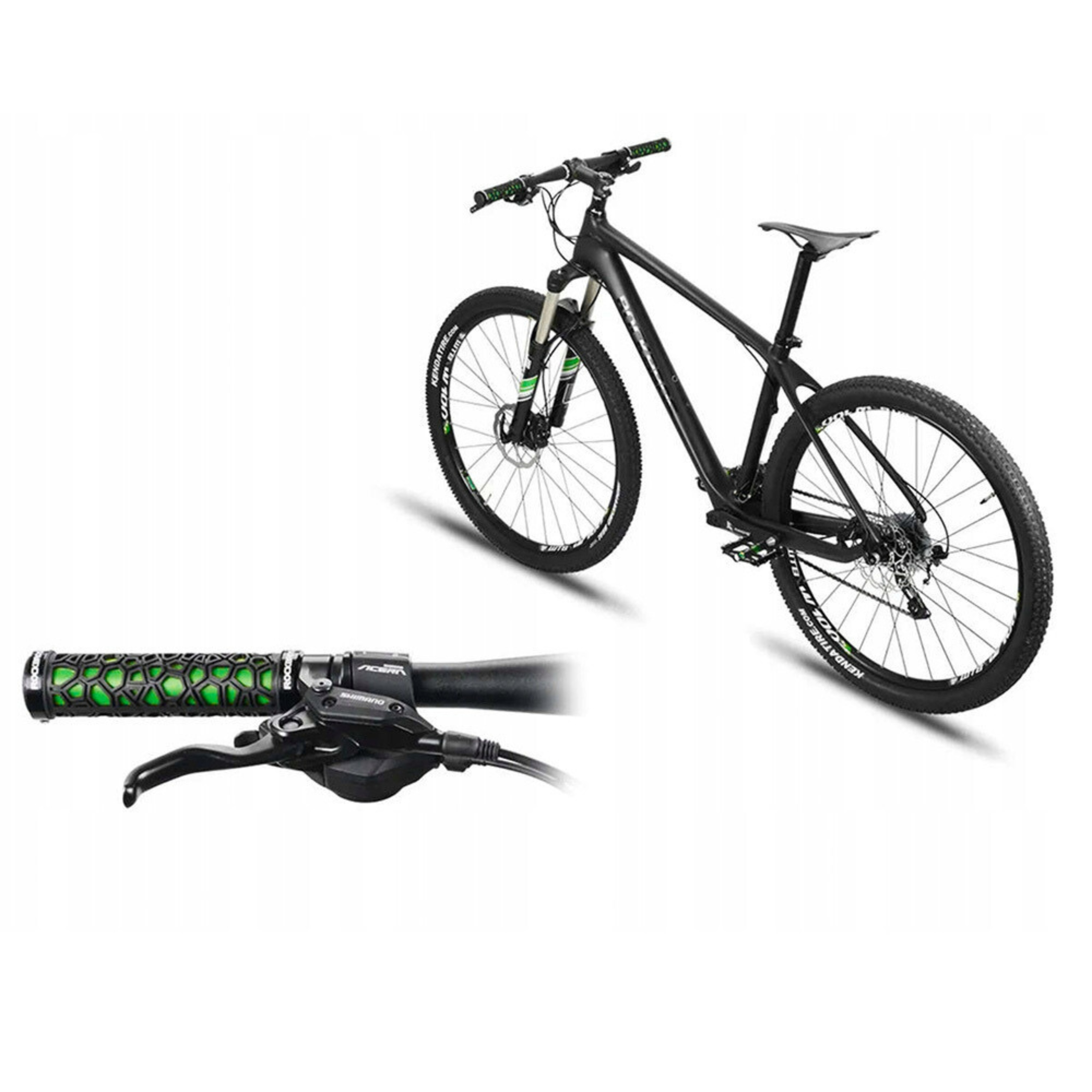 Rower górski z zielono-czarnym uchwytem kierownicy i komponentem.